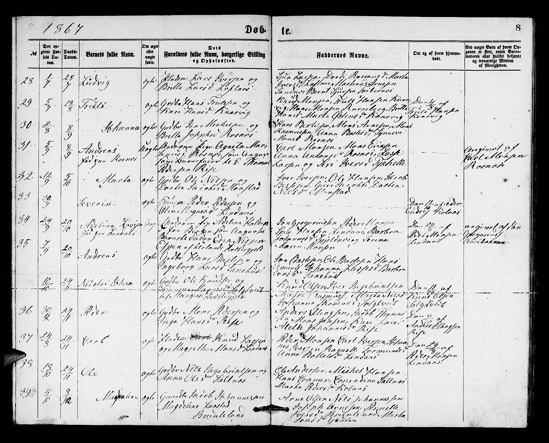 Lindås Sokneprestembete, SAB/A-76701/H/Hab: Parish register (copy) no. B 2, 1867-1885, p. 8