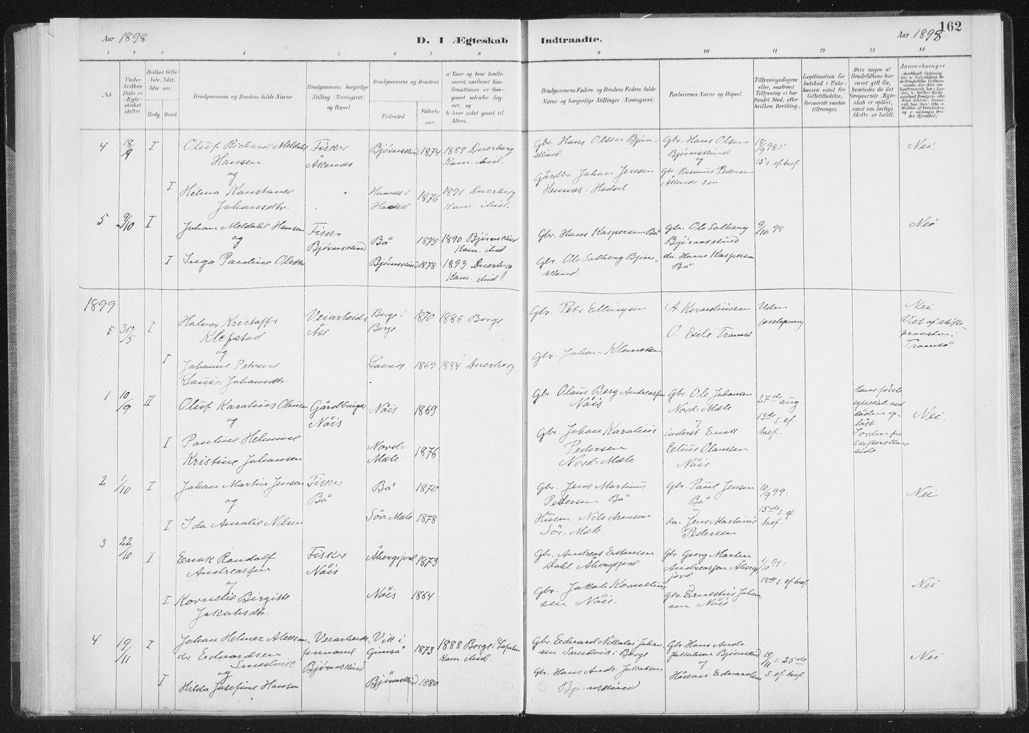 Ministerialprotokoller, klokkerbøker og fødselsregistre - Nordland, SAT/A-1459/898/L1422: Parish register (official) no. 898A02, 1887-1908, p. 162