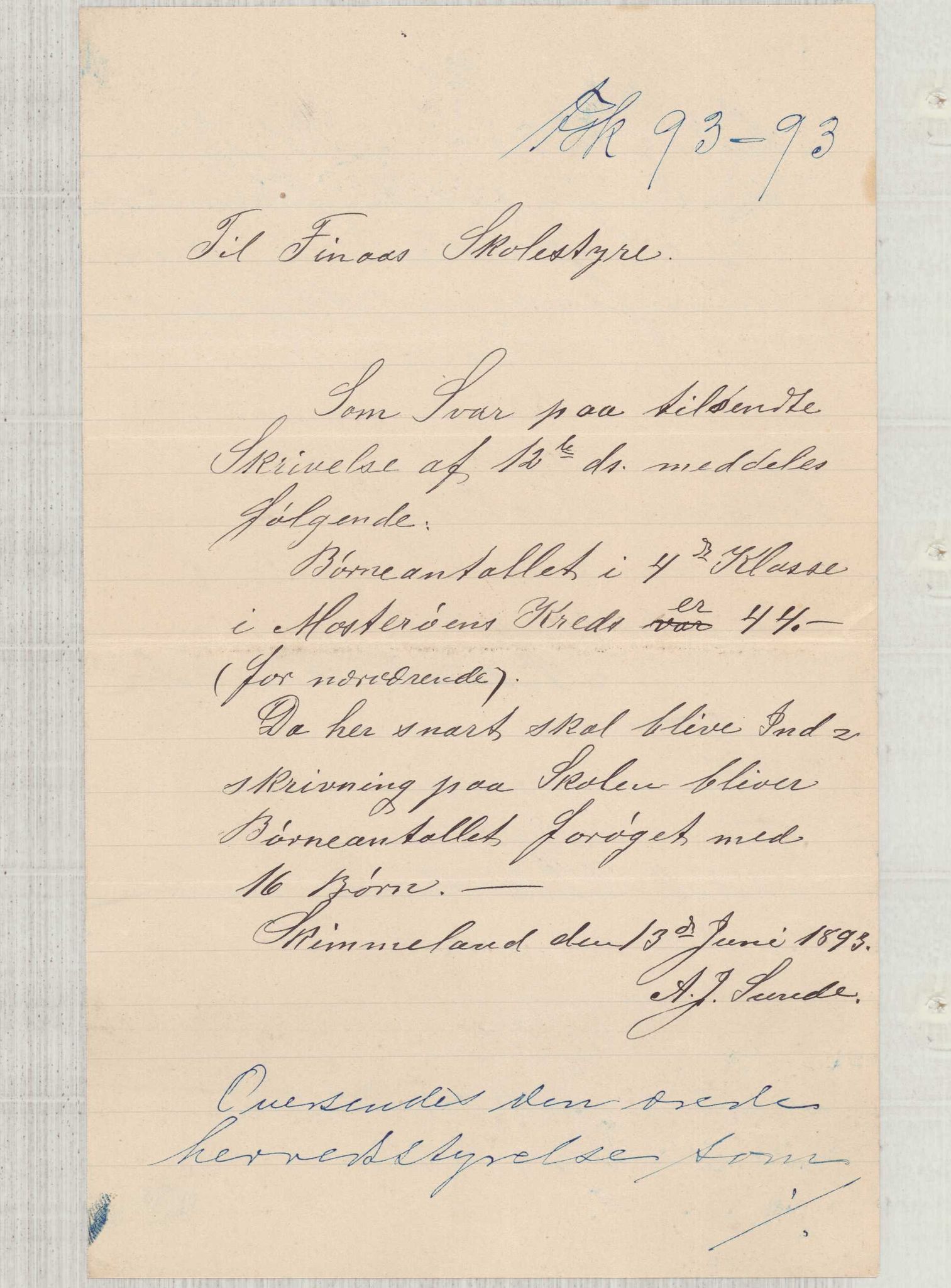 Finnaas kommune. Skulestyret, IKAH/1218a-211/D/Da/L0001/0003: Kronologisk ordna korrespondanse / Kronologisk ordna korrespondanse , 1893, p. 1