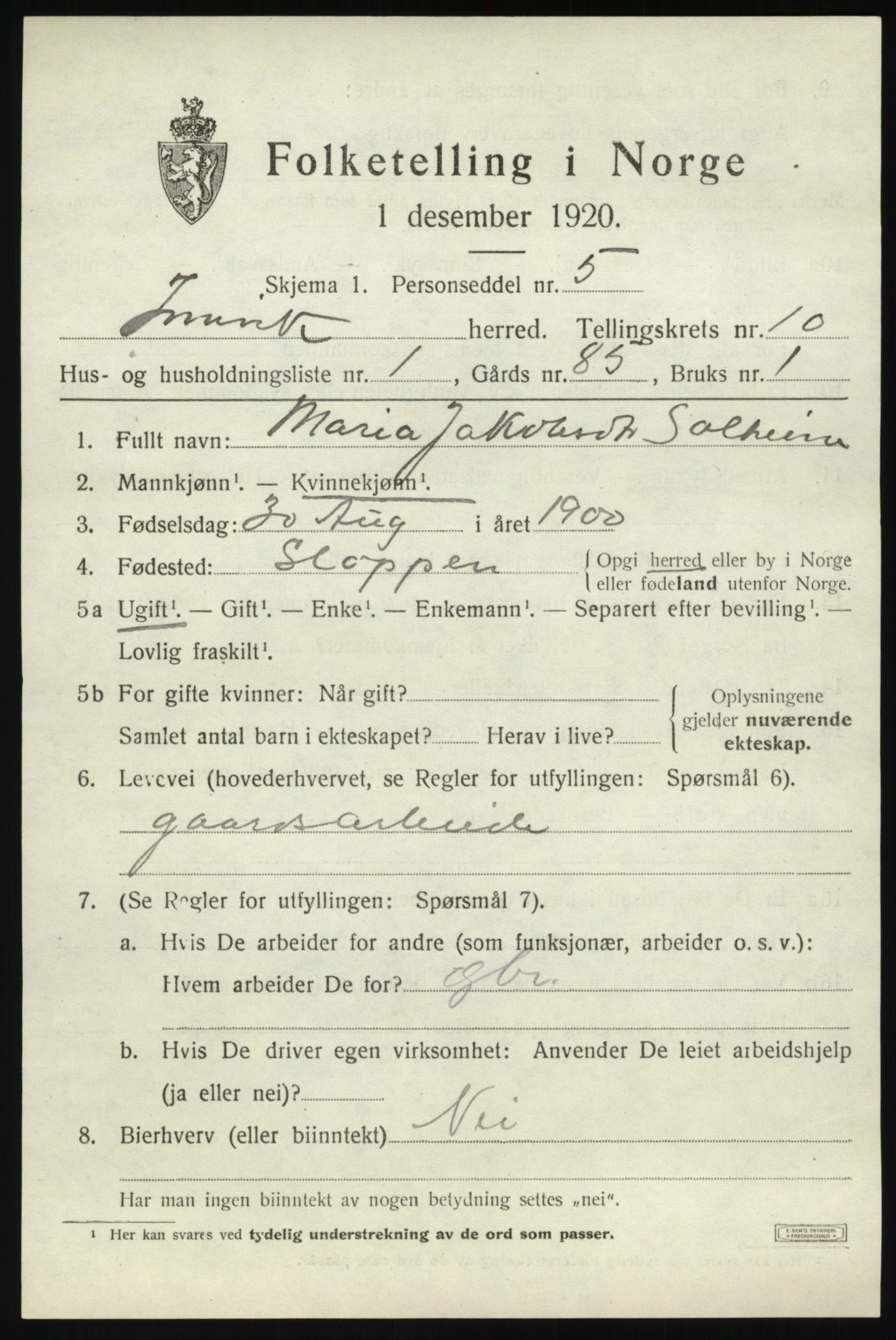 SAB, 1920 census for Innvik, 1920, p. 4111