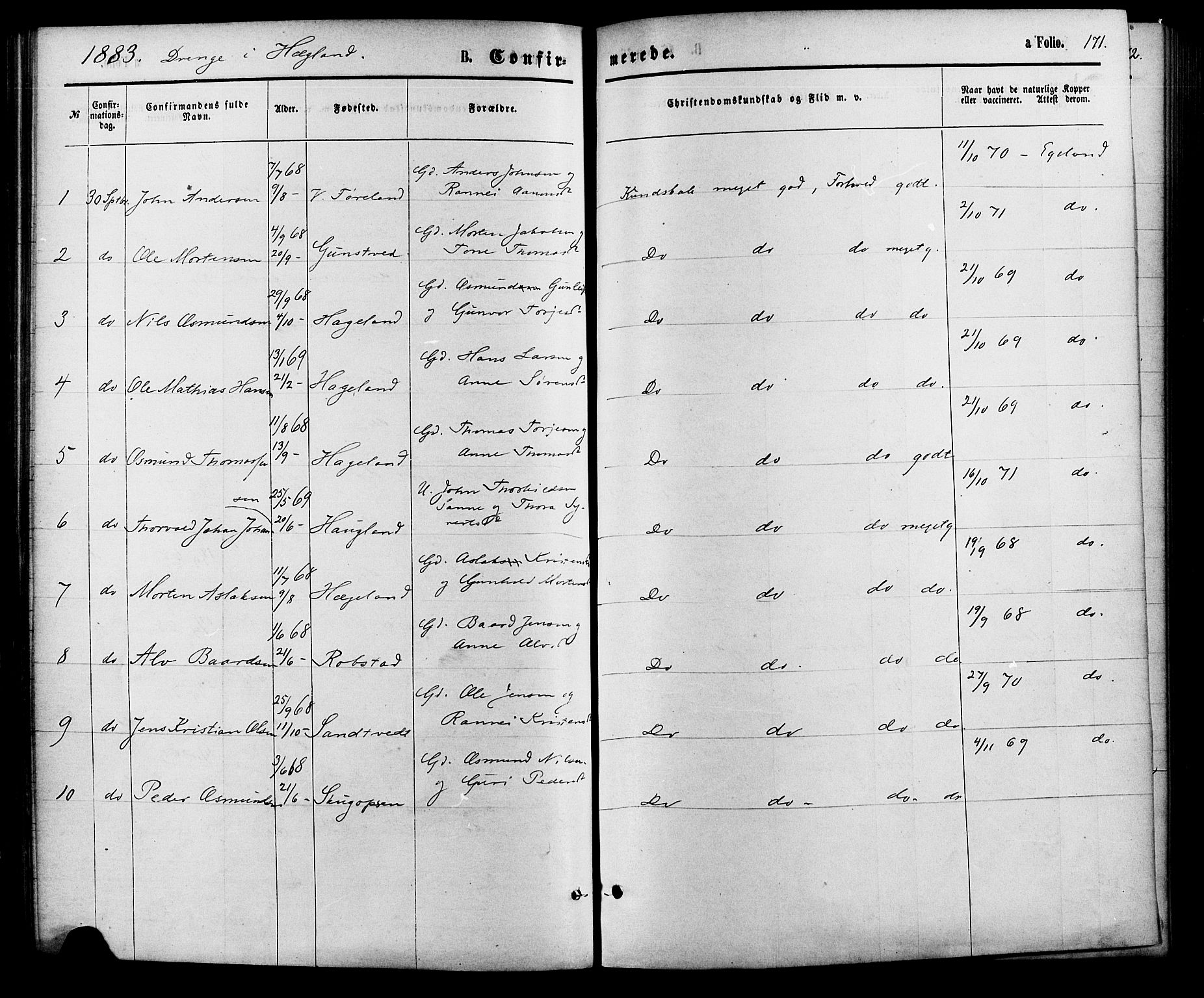 Vennesla sokneprestkontor, SAK/1111-0045/Fa/Fac/L0008: Parish register (official) no. A 8, 1874-1883, p. 171