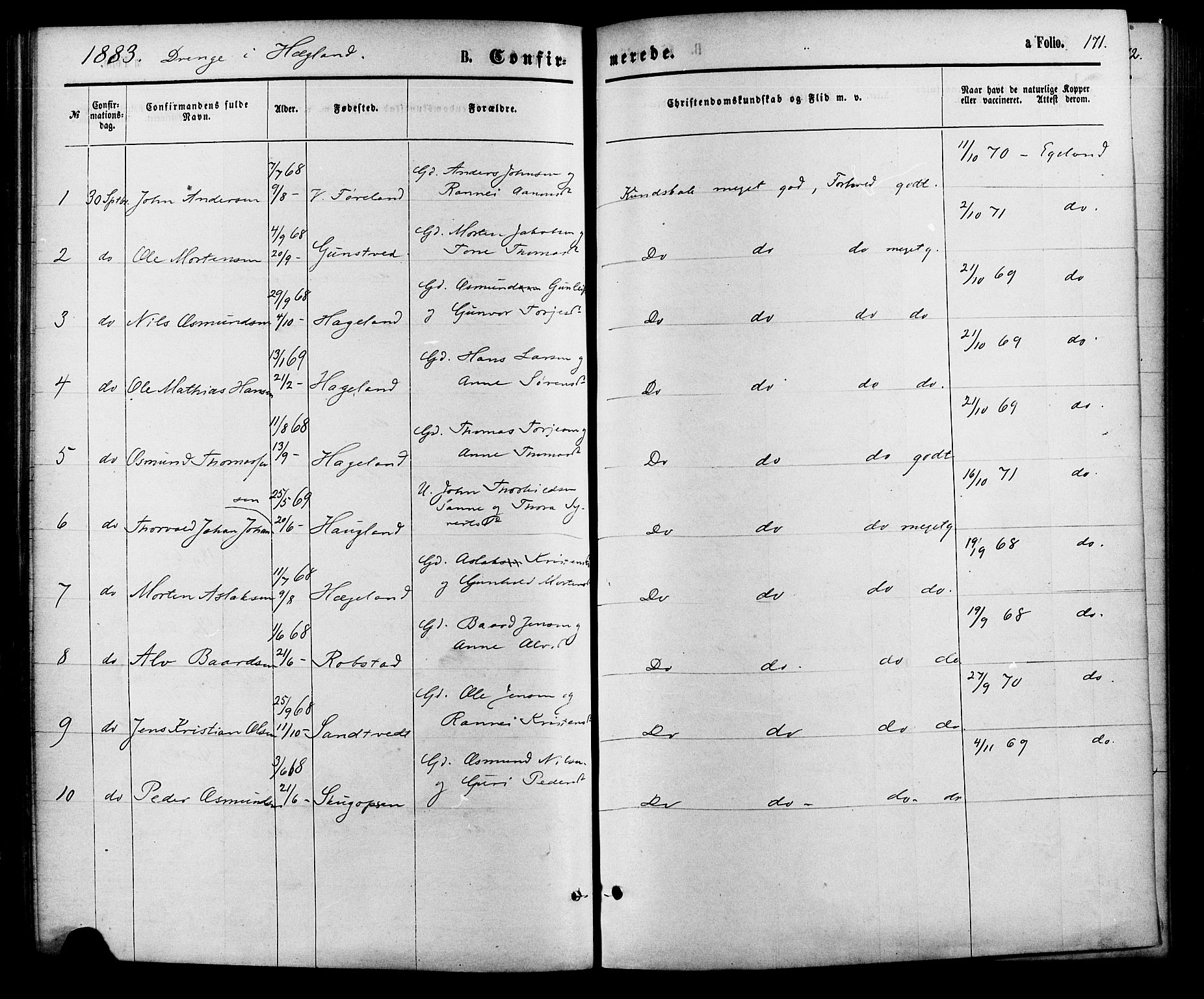 Vennesla sokneprestkontor, AV/SAK-1111-0045/Fa/Fac/L0008: Parish register (official) no. A 8, 1874-1883, p. 171