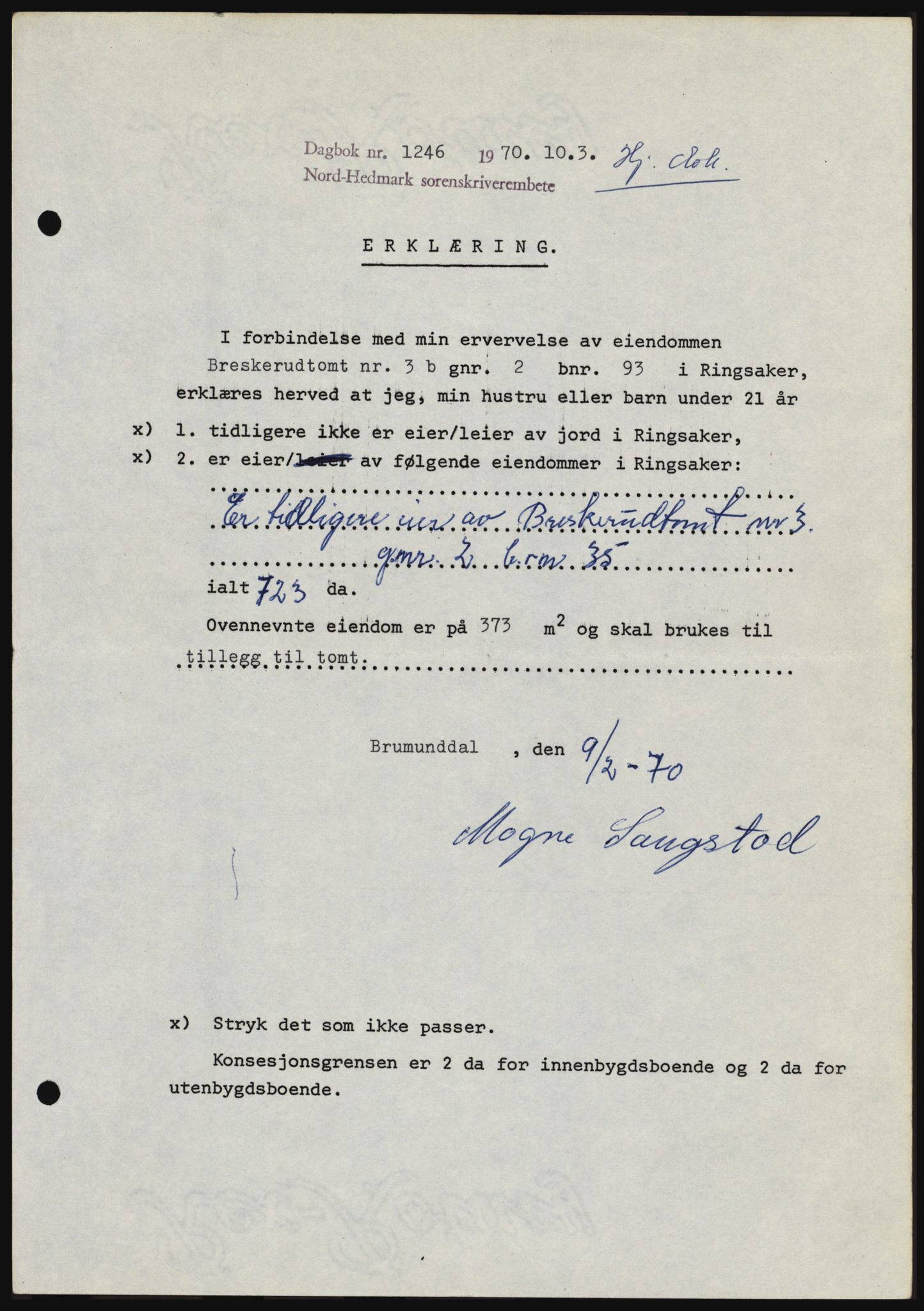 Nord-Hedmark sorenskriveri, SAH/TING-012/H/Hc/L0033: Mortgage book no. 33, 1970-1970, Diary no: : 1246/1970