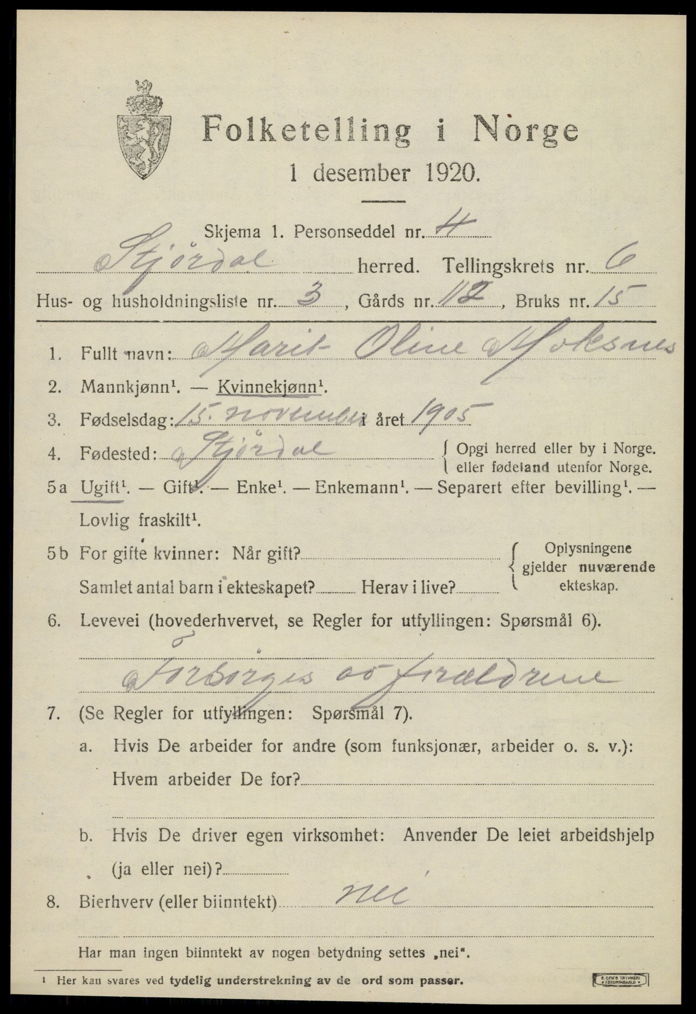 SAT, 1920 census for Stjørdal, 1920, p. 6658