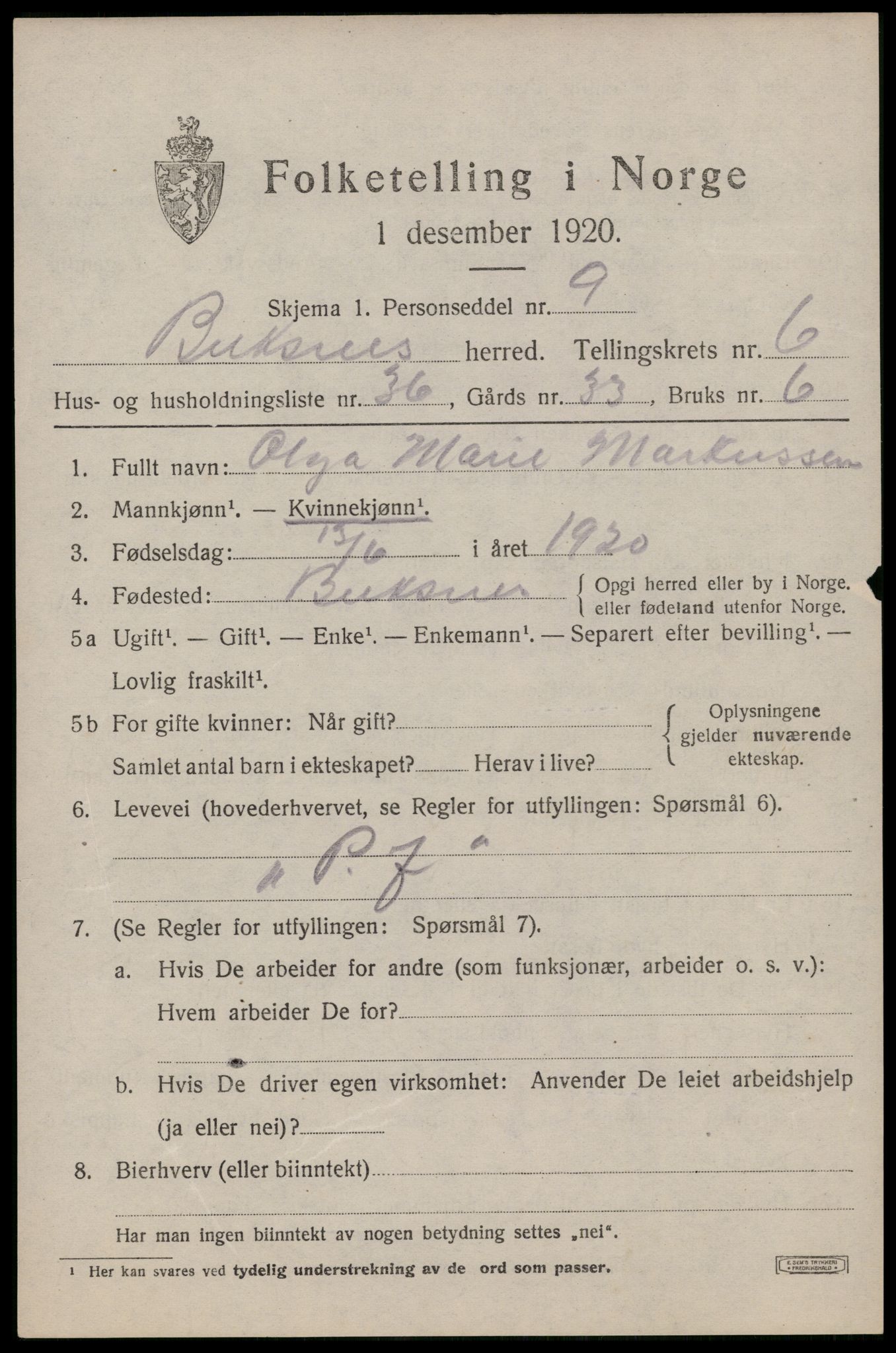 SAT, 1920 census for Buksnes, 1920, p. 6474