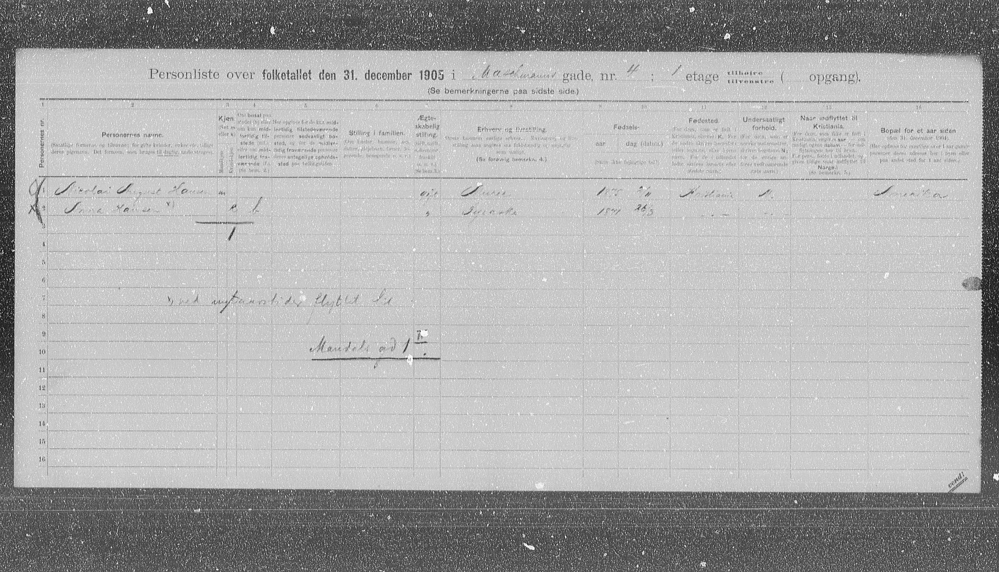 OBA, Municipal Census 1905 for Kristiania, 1905, p. 34013