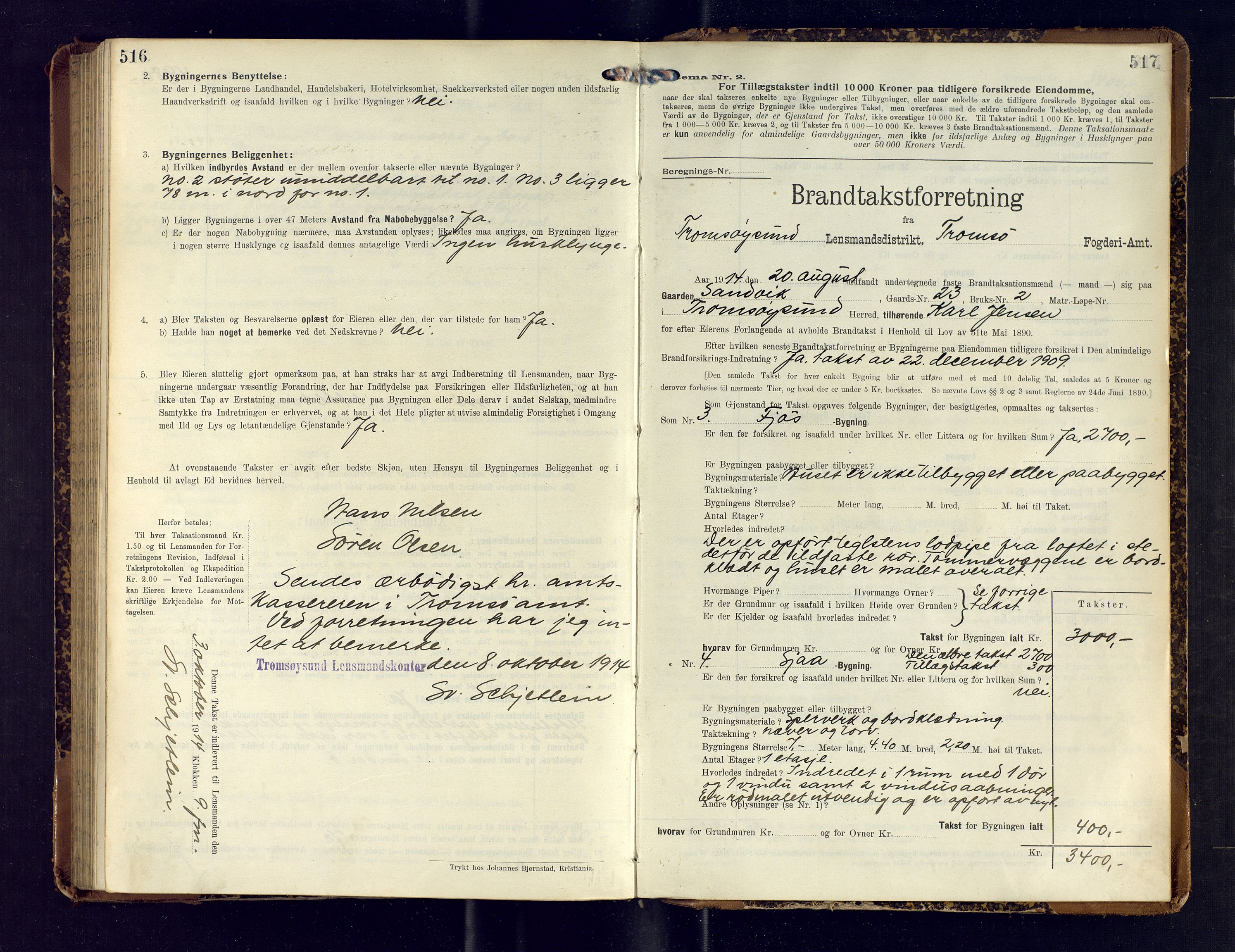 Tromsøysund lensmannskontor, AV/SATØ-SATØ-12/F/Fs/Fsb/L0739: Branntakstprotokoll (S).  Med register, 1911-1914, p. 516-517