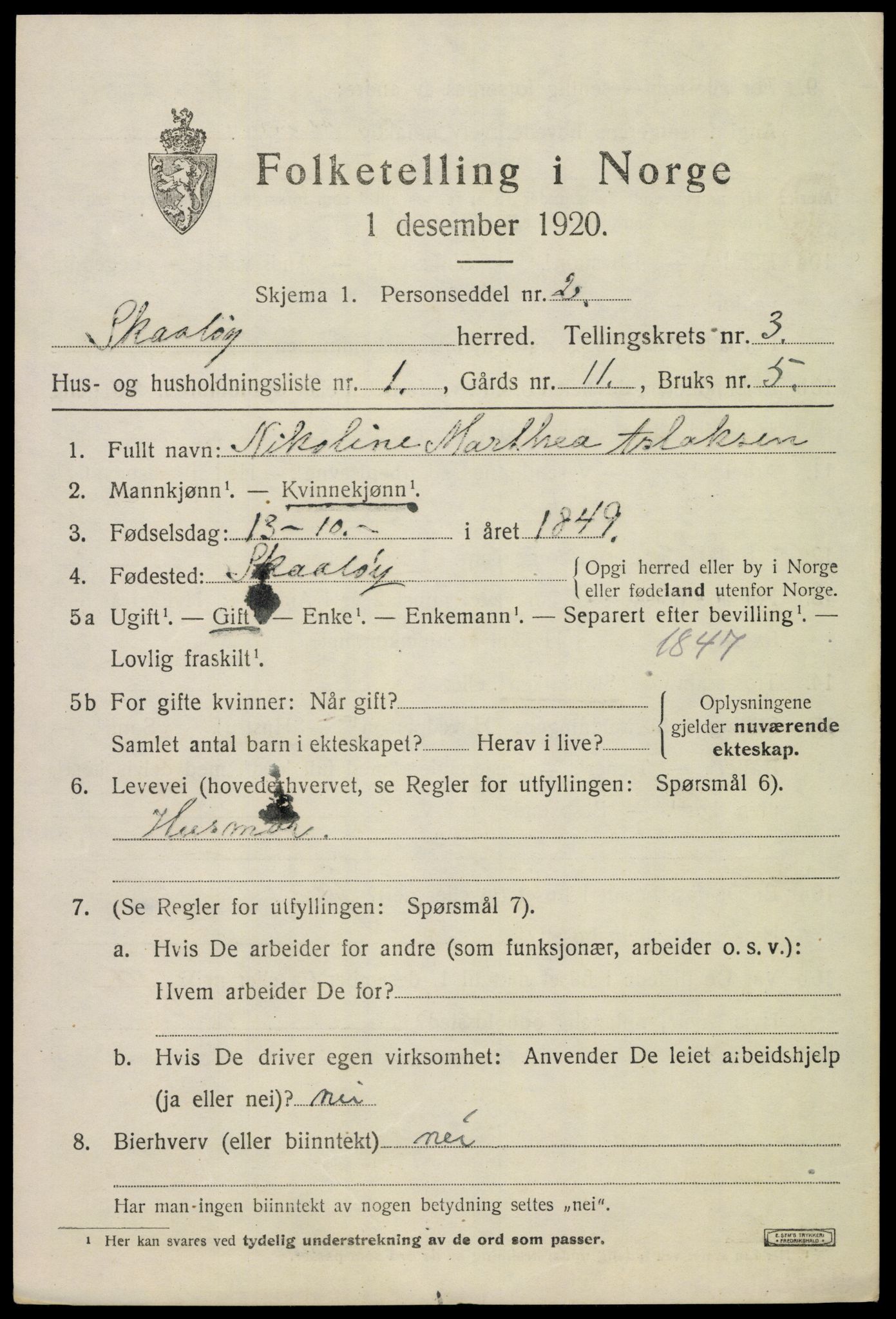 SAKO, 1920 census for Skåtøy, 1920, p. 2792