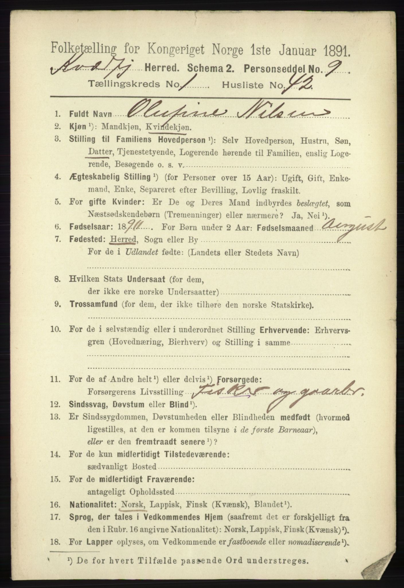 RA, 1891 census for 1911 Kvæfjord, 1891, p. 371