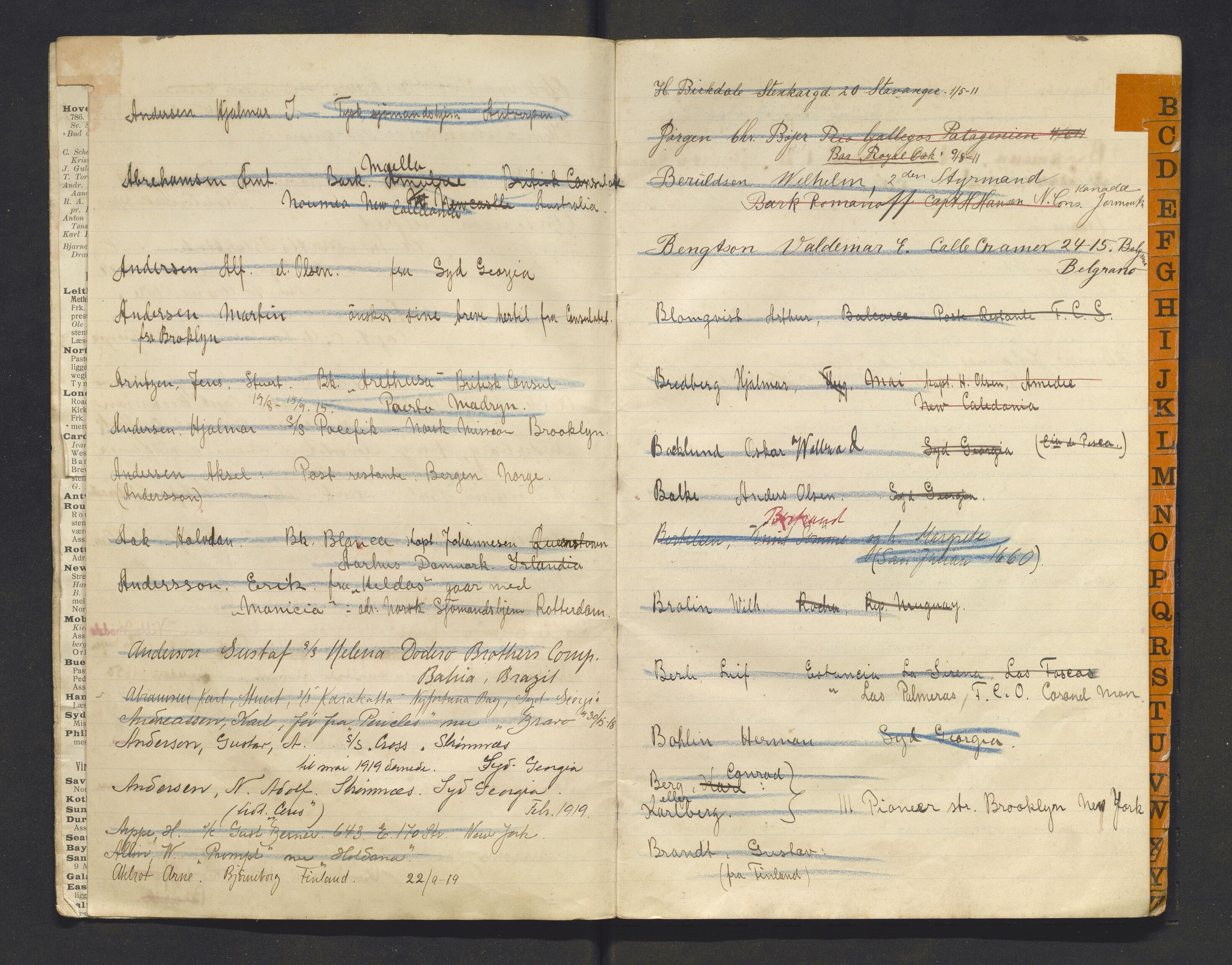 Den norske sjømannsmisjon i utlandet/Syd-Amerika (Buenos Aires m.fl.), AV/SAB-SAB/PA-0118/F/L0003/0004: Adressebøker / Adresser for ettersendelse av brev, 1916-1921
