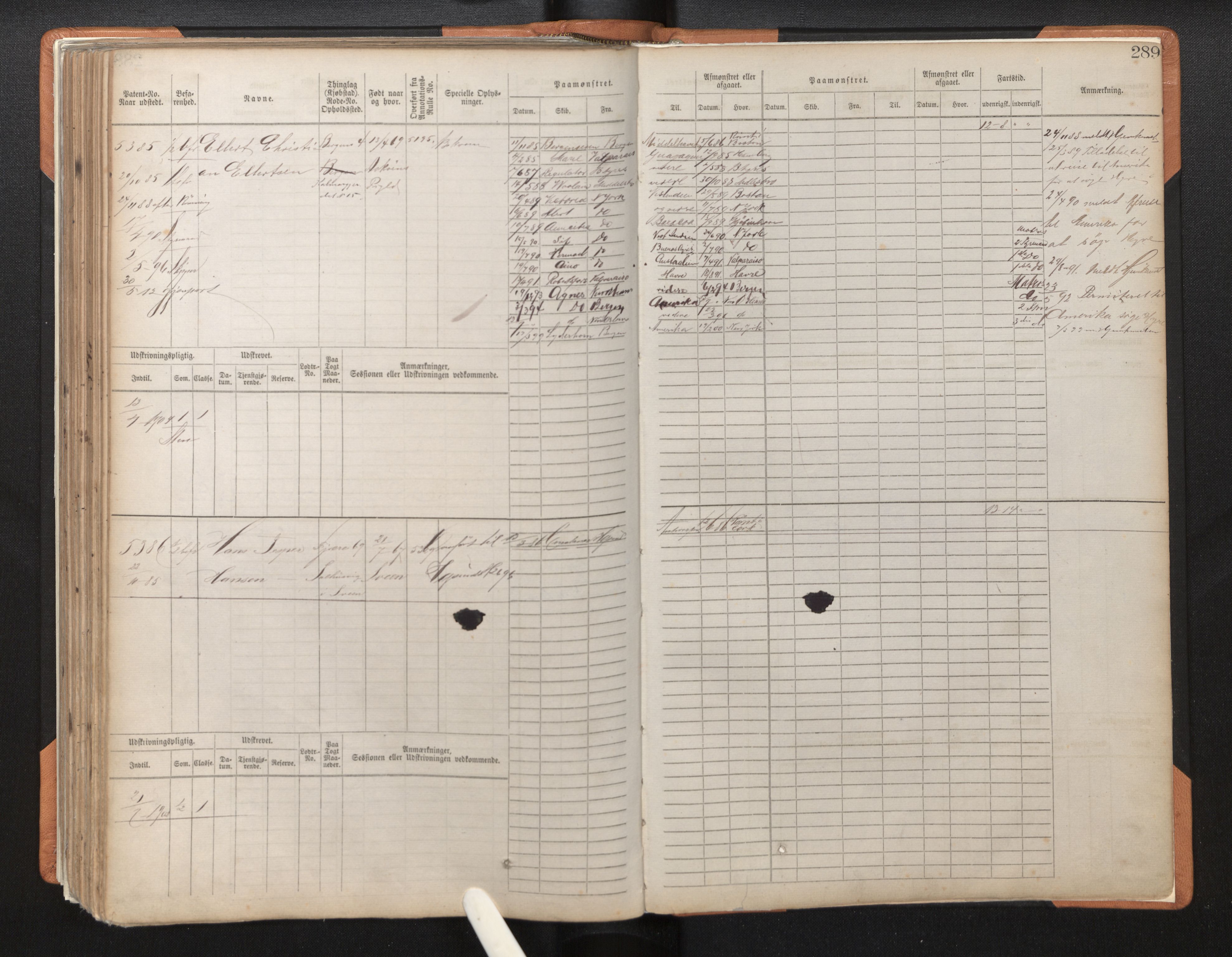 Innrulleringssjefen i Bergen, SAB/A-100050/F/Fc/L0008: Sjøfartshovedrulle, nr. 4805 - 5390, 1882-1889, p. 289