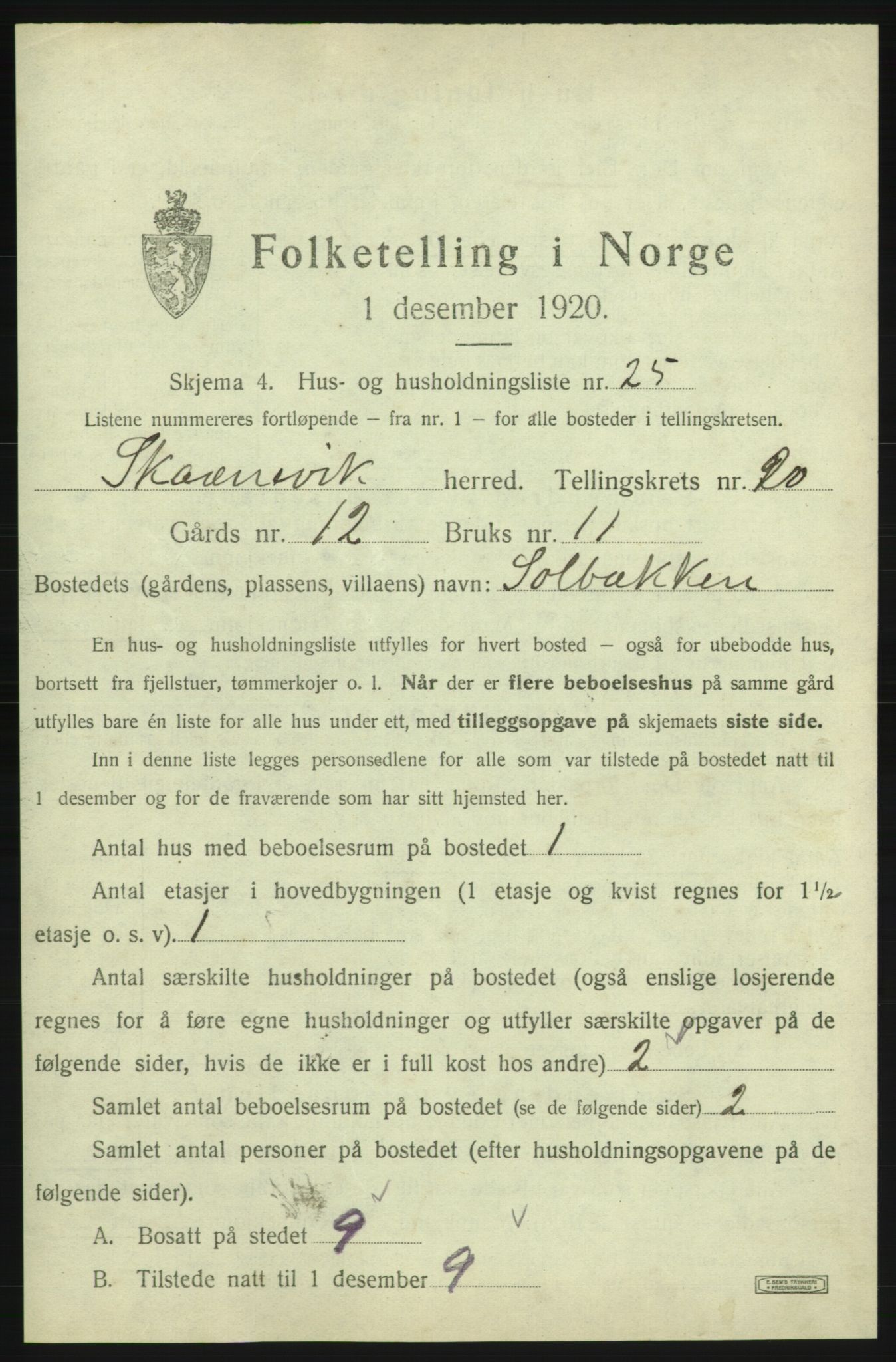 SAB, 1920 census for Skånevik, 1920, p. 2101