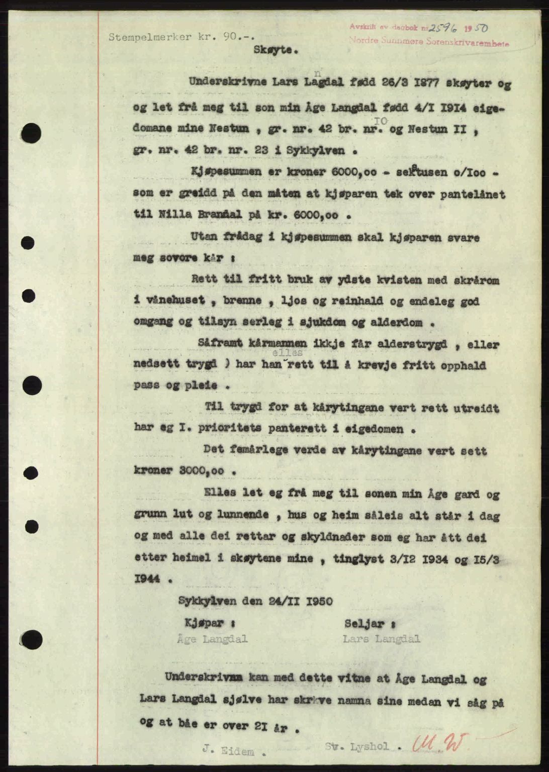 Nordre Sunnmøre sorenskriveri, AV/SAT-A-0006/1/2/2C/2Ca: Mortgage book no. A36, 1950-1950, Diary no: : 2596/1950