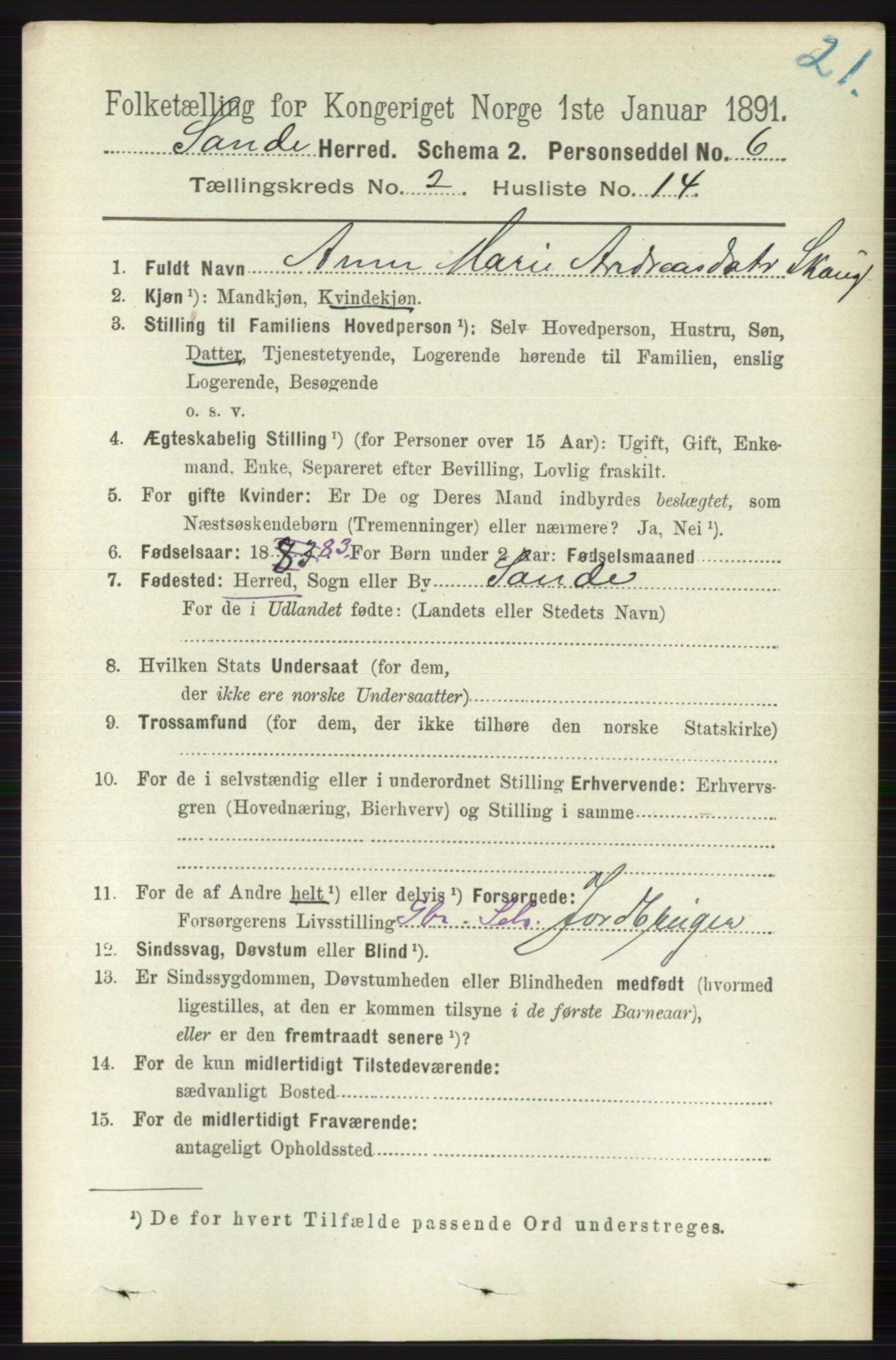 RA, 1891 census for 0713 Sande, 1891, p. 617