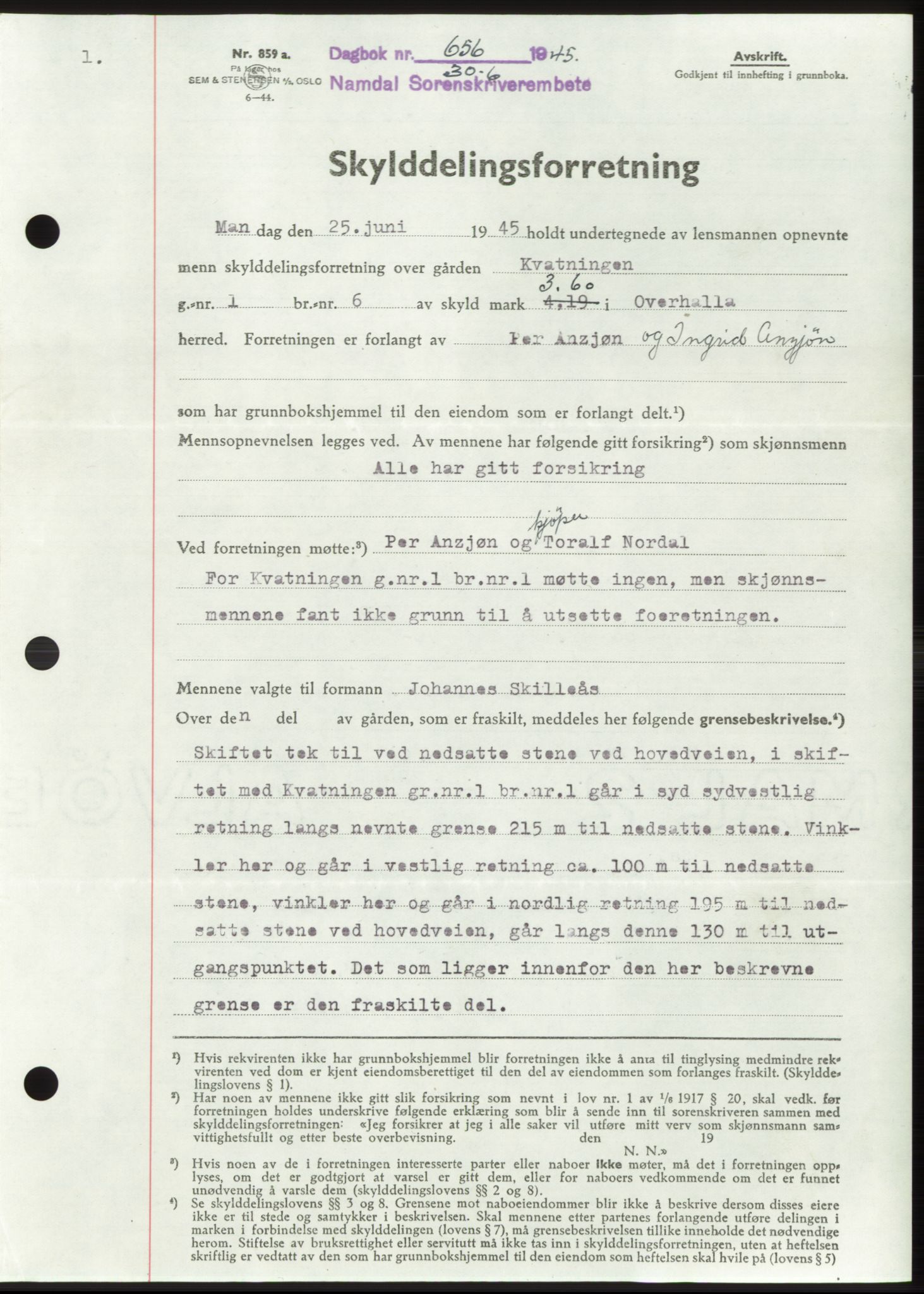 Namdal sorenskriveri, SAT/A-4133/1/2/2C: Mortgage book no. -, 1944-1945, Diary no: : 656/1945