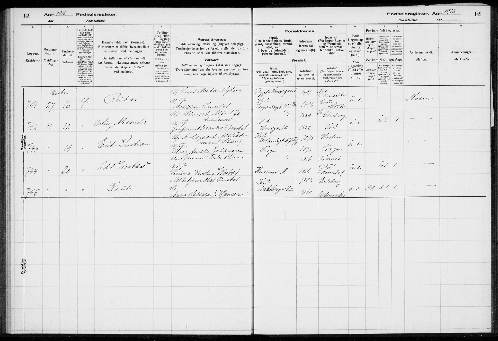 Rikshospitalet prestekontor Kirkebøker, AV/SAO-A-10309b/J/L0001: Birth register no. 1, 1916-1916, p. 149