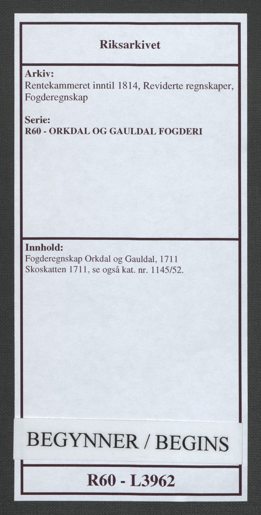 Rentekammeret inntil 1814, Reviderte regnskaper, Fogderegnskap, AV/RA-EA-4092/R60/L3962: Fogderegnskap Orkdal og Gauldal, 1711, p. 1