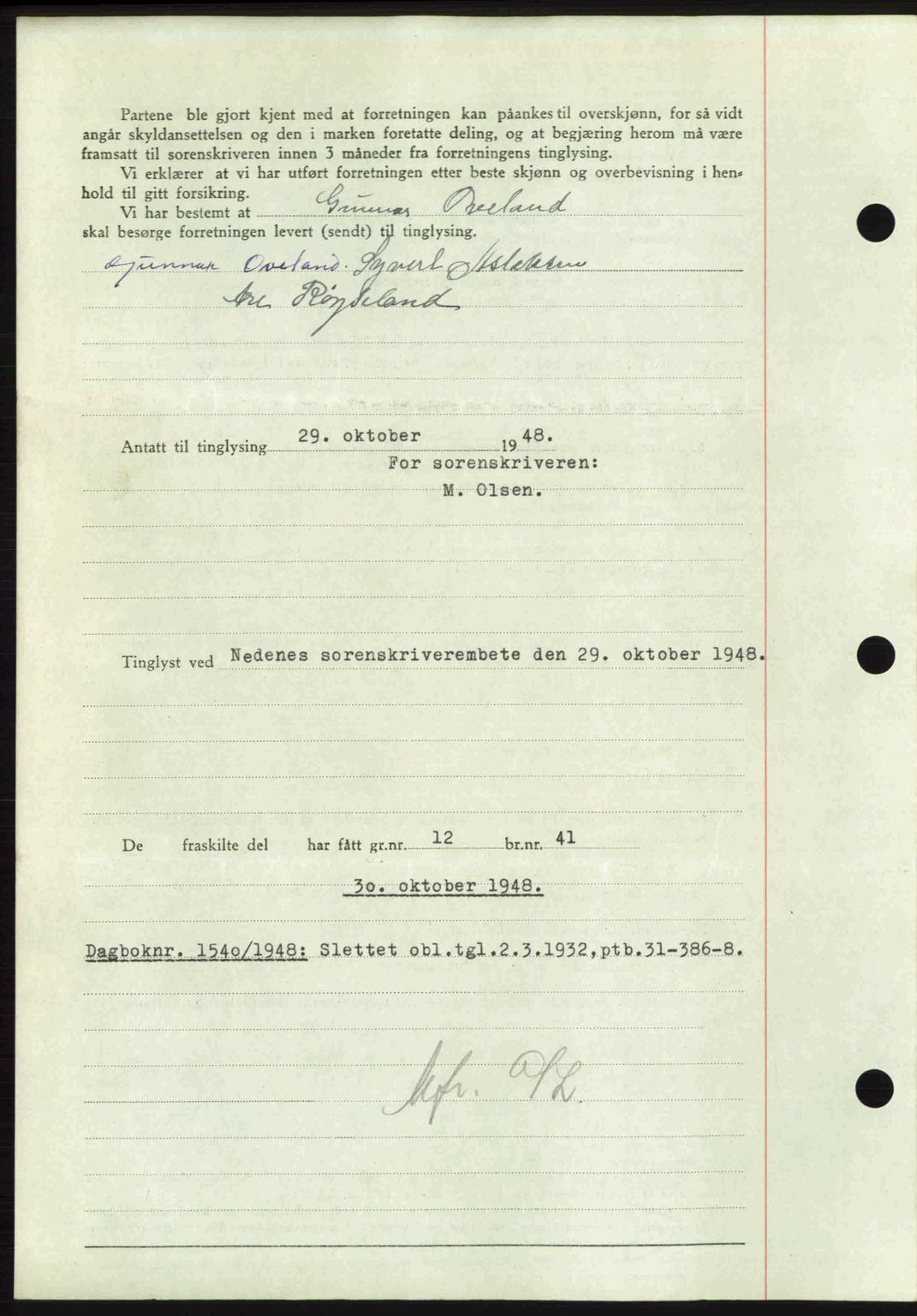 Nedenes sorenskriveri, AV/SAK-1221-0006/G/Gb/Gba/L0059: Mortgage book no. A11, 1948-1948, Diary no: : 1539/1948