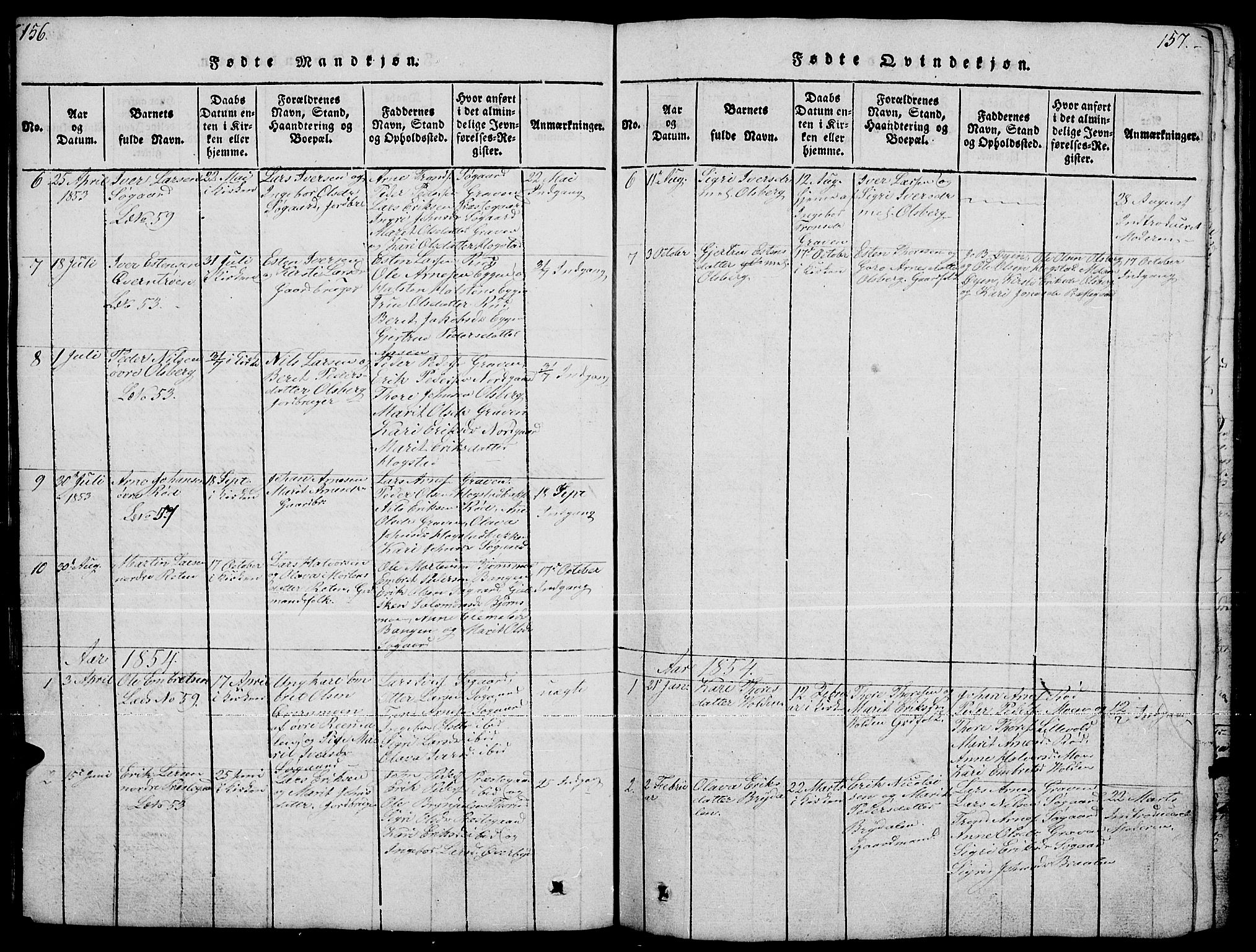 Tynset prestekontor, SAH/PREST-058/H/Ha/Hab/L0004: Parish register (copy) no. 4, 1814-1879, p. 156-157