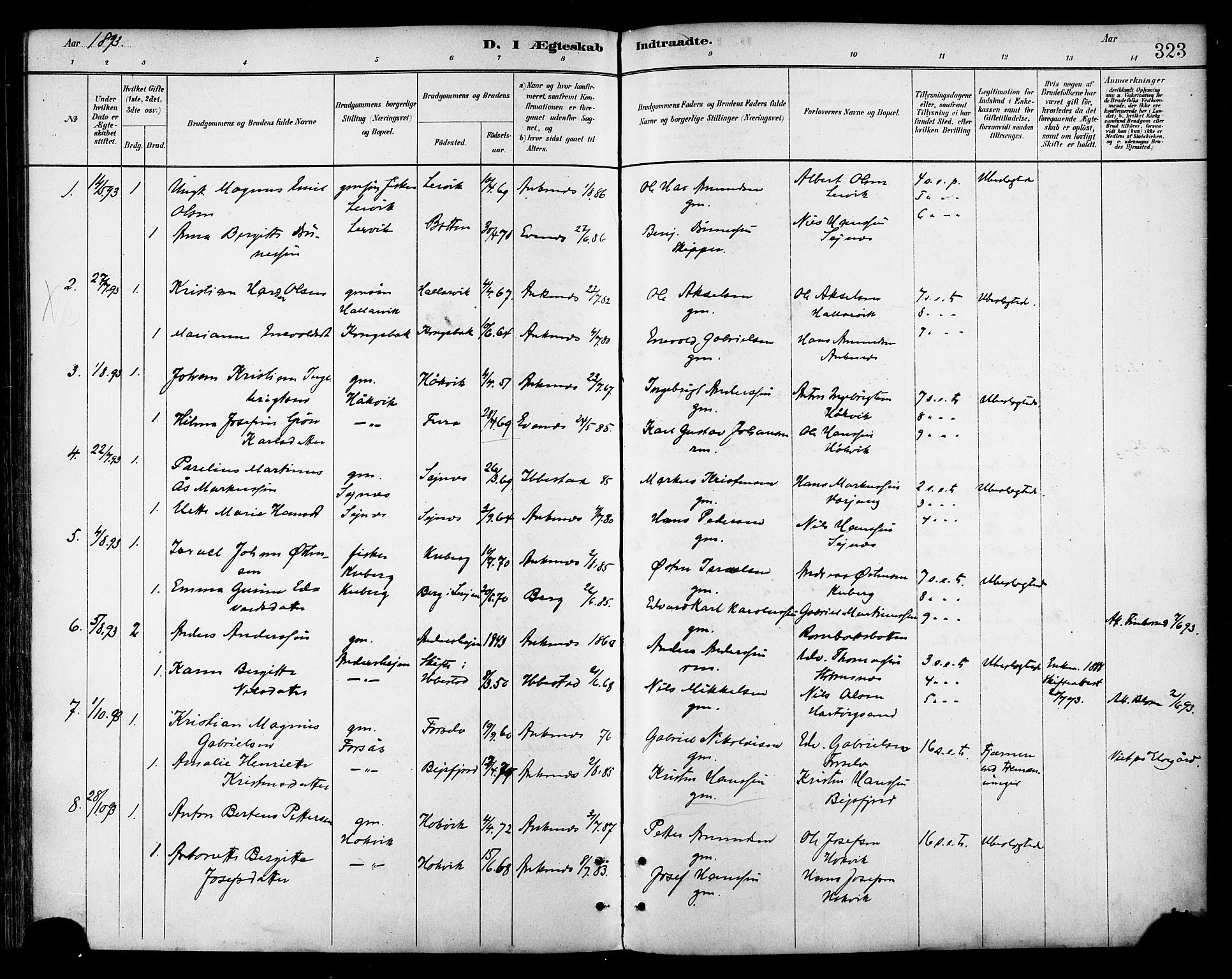 Ministerialprotokoller, klokkerbøker og fødselsregistre - Nordland, AV/SAT-A-1459/866/L0938: Parish register (official) no. 866A01, 1879-1893, p. 323
