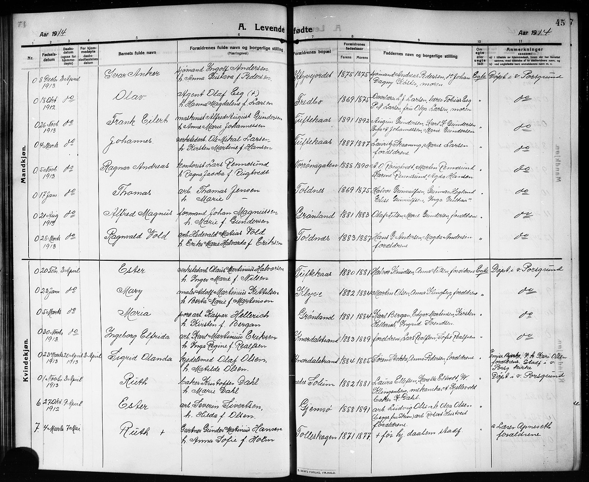Solum kirkebøker, SAKO/A-306/G/Ga/L0009: Parish register (copy) no. I 9, 1909-1922, p. 45