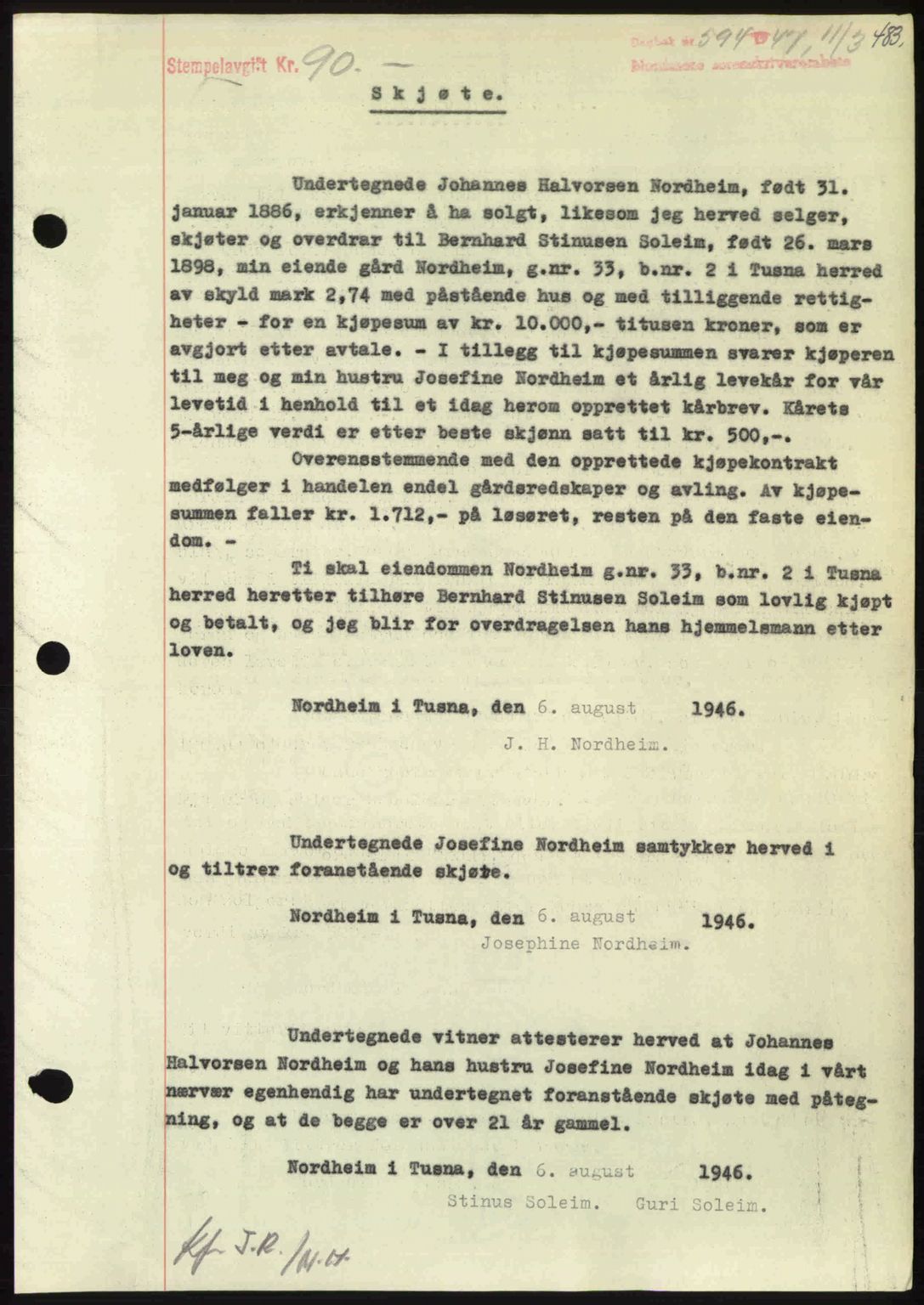 Nordmøre sorenskriveri, AV/SAT-A-4132/1/2/2Ca: Mortgage book no. A104, 1947-1947, Diary no: : 594/1947