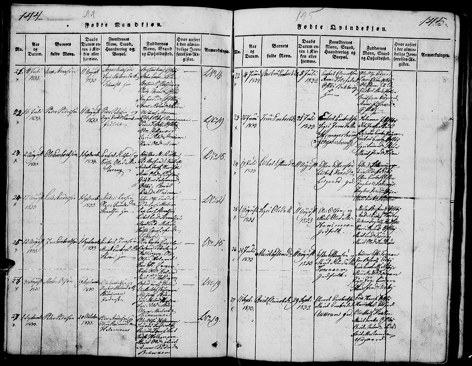 Tynset prestekontor, AV/SAH-PREST-058/H/Ha/Hab/L0001: Parish register (copy) no. 1, 1814-1859, p. 144-145