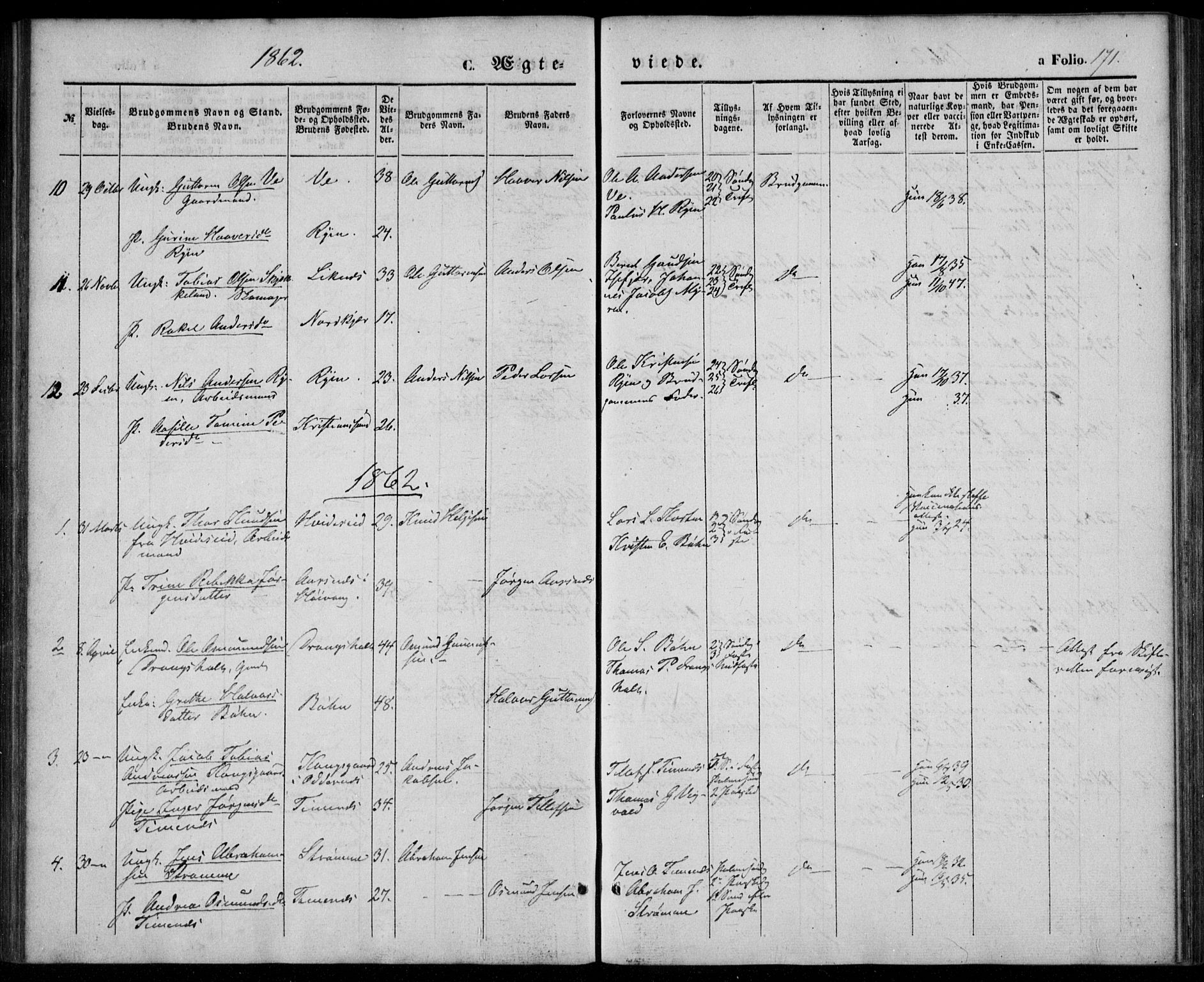 Tveit sokneprestkontor, SAK/1111-0043/F/Fa/L0005: Parish register (official) no. A 5, 1853-1871, p. 171