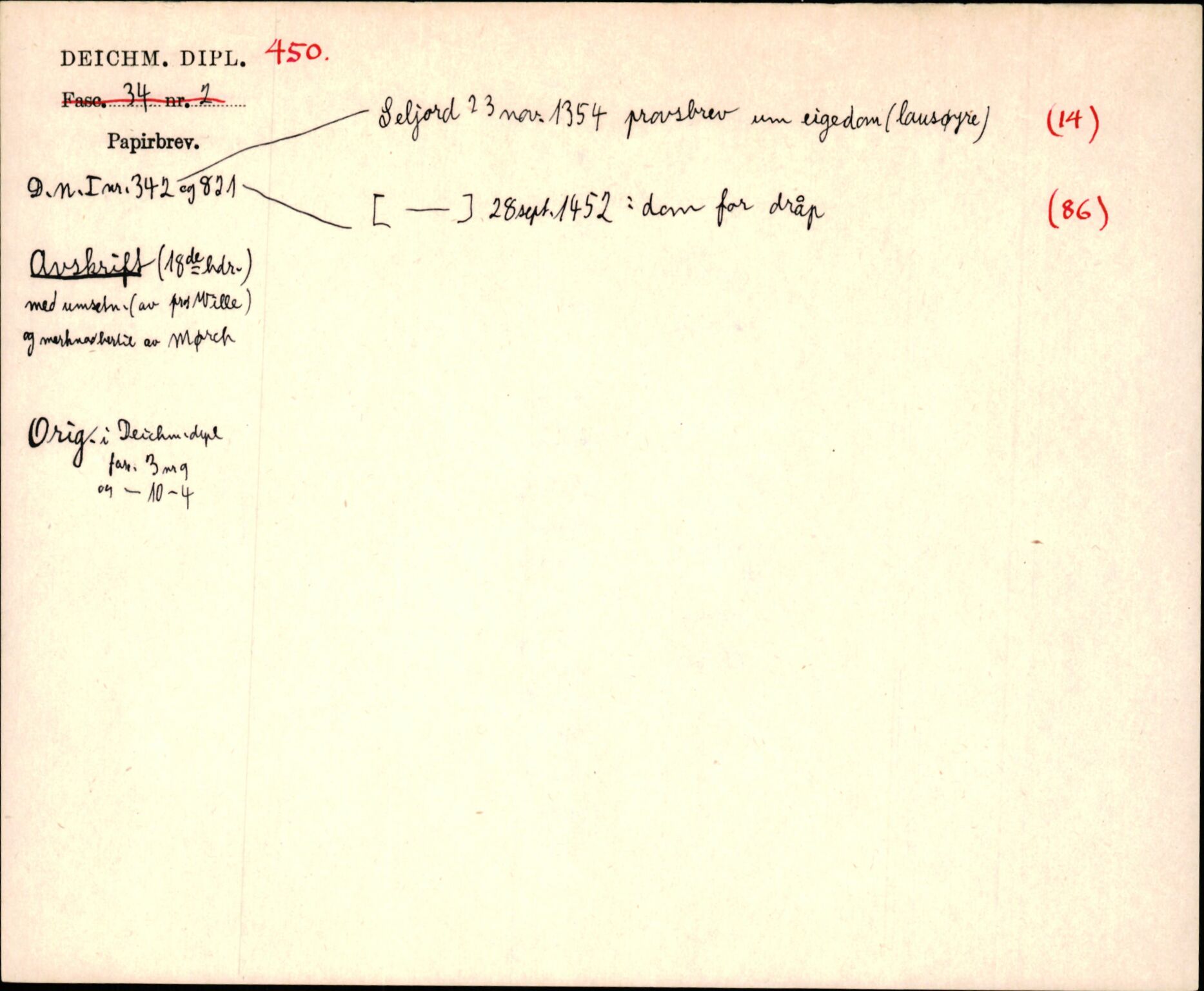 Riksarkivets diplomsamling, AV/RA-EA-5965/F35/F35j/L0001: Regestsedler: Deichmanske diplomer nr. 1-450, p. 959