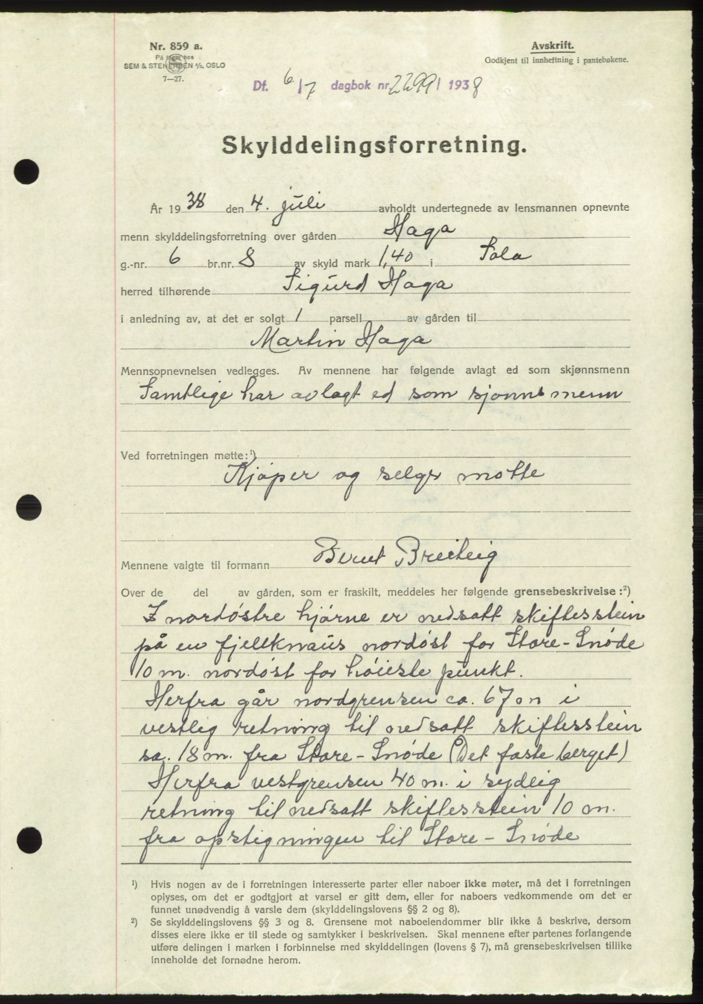 Jæren sorenskriveri, AV/SAST-A-100310/03/G/Gba/L0071: Mortgage book, 1938-1938, Diary no: : 2299/1938