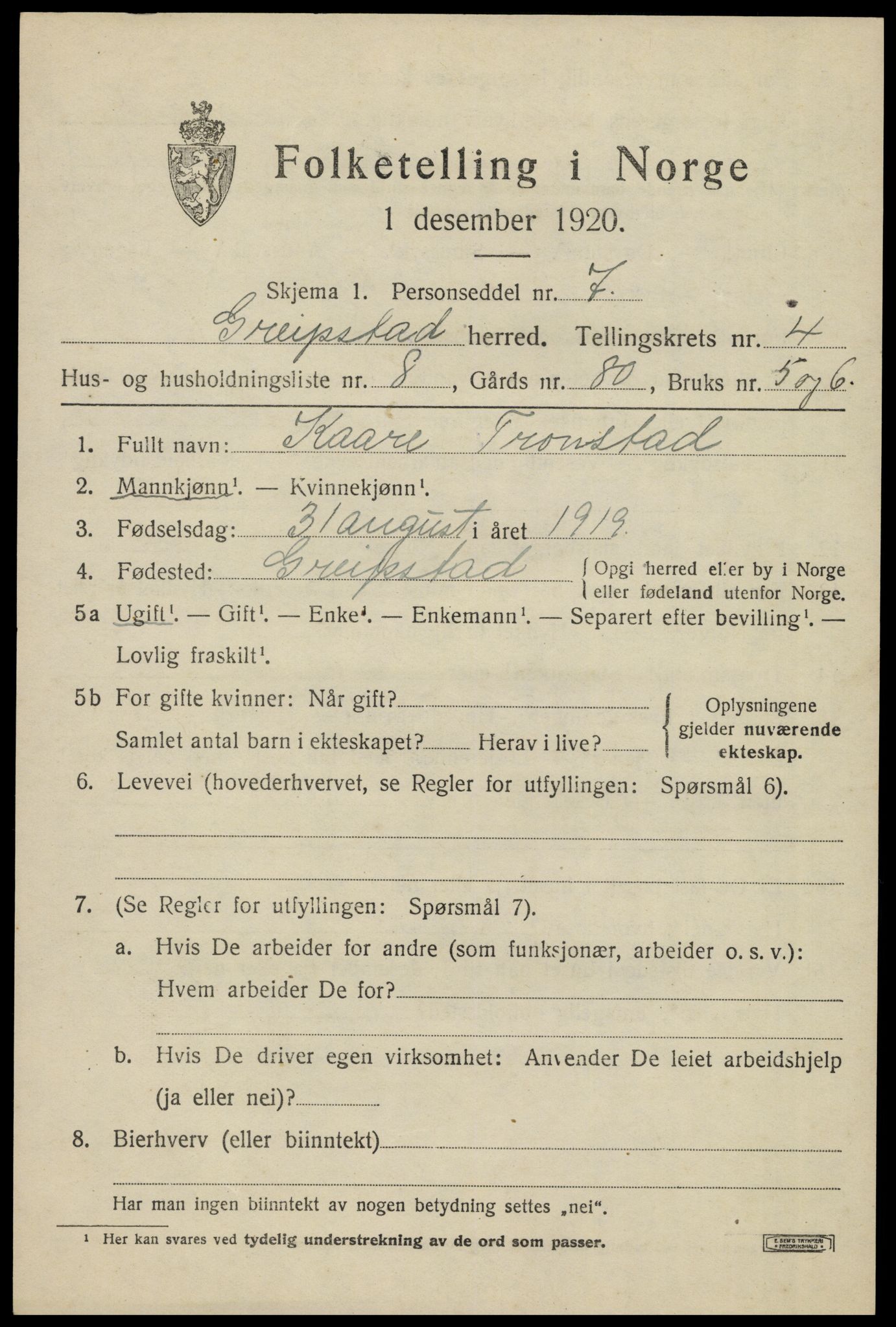 SAK, 1920 census for Greipstad, 1920, p. 1590