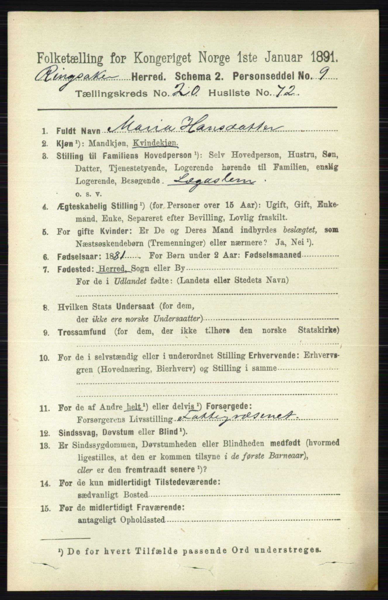 RA, 1891 census for 0412 Ringsaker, 1891, p. 11572