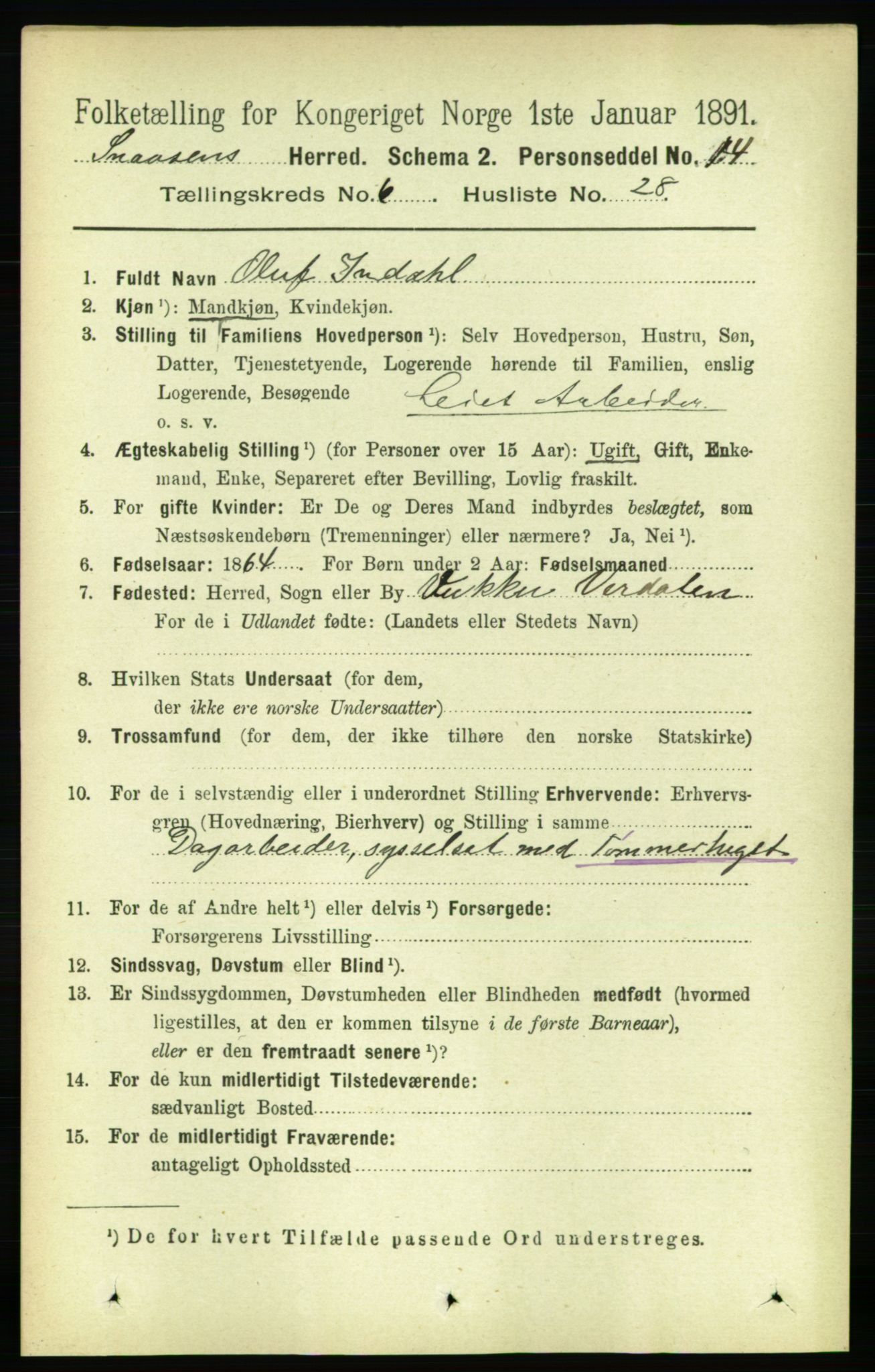 RA, 1891 census for 1736 Snåsa, 1891, p. 2052