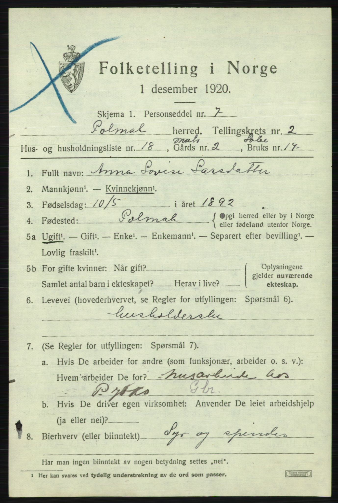 SATØ, 1920 census for Polmak, 1920, p. 897