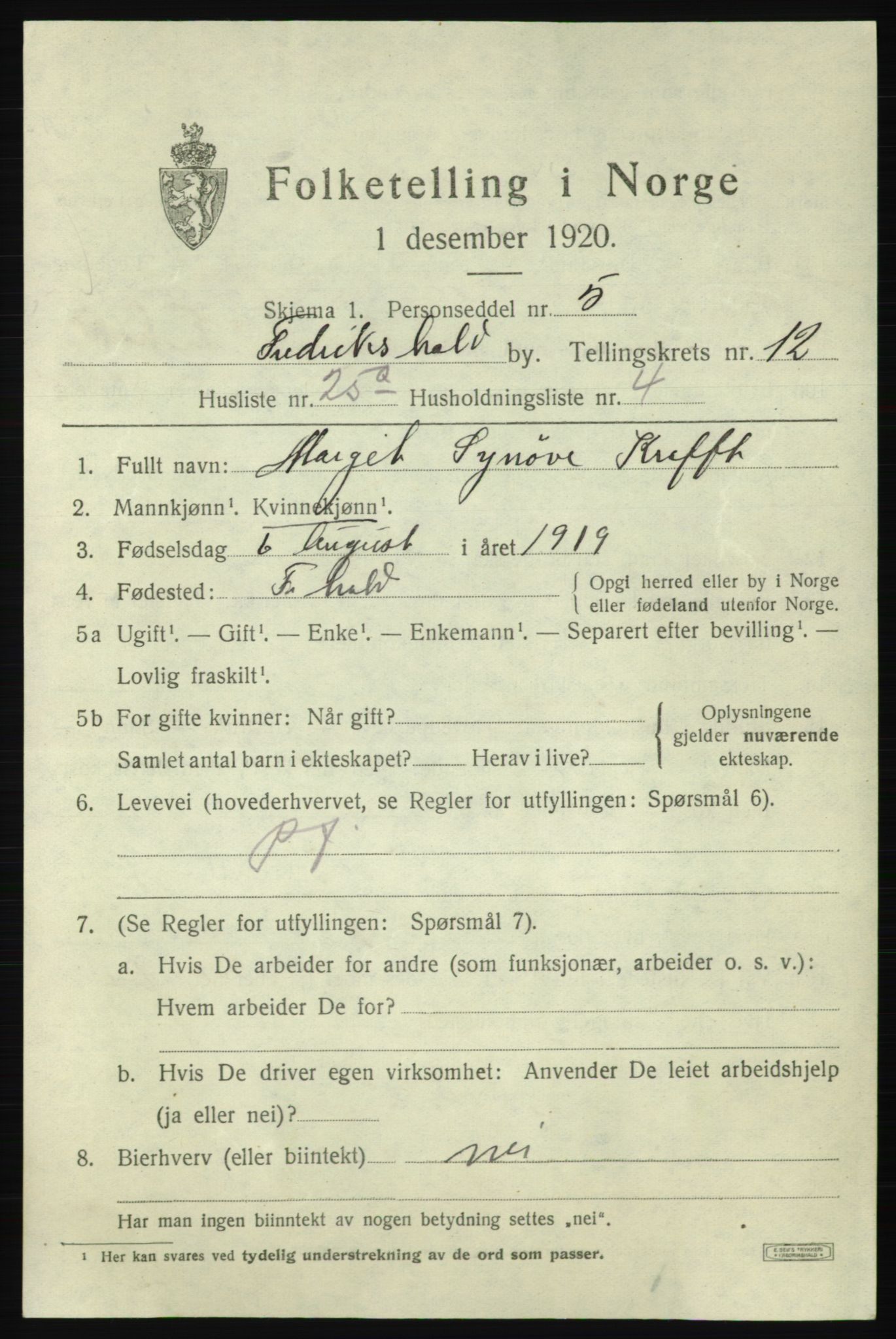 SAO, 1920 census for Fredrikshald, 1920, p. 20443