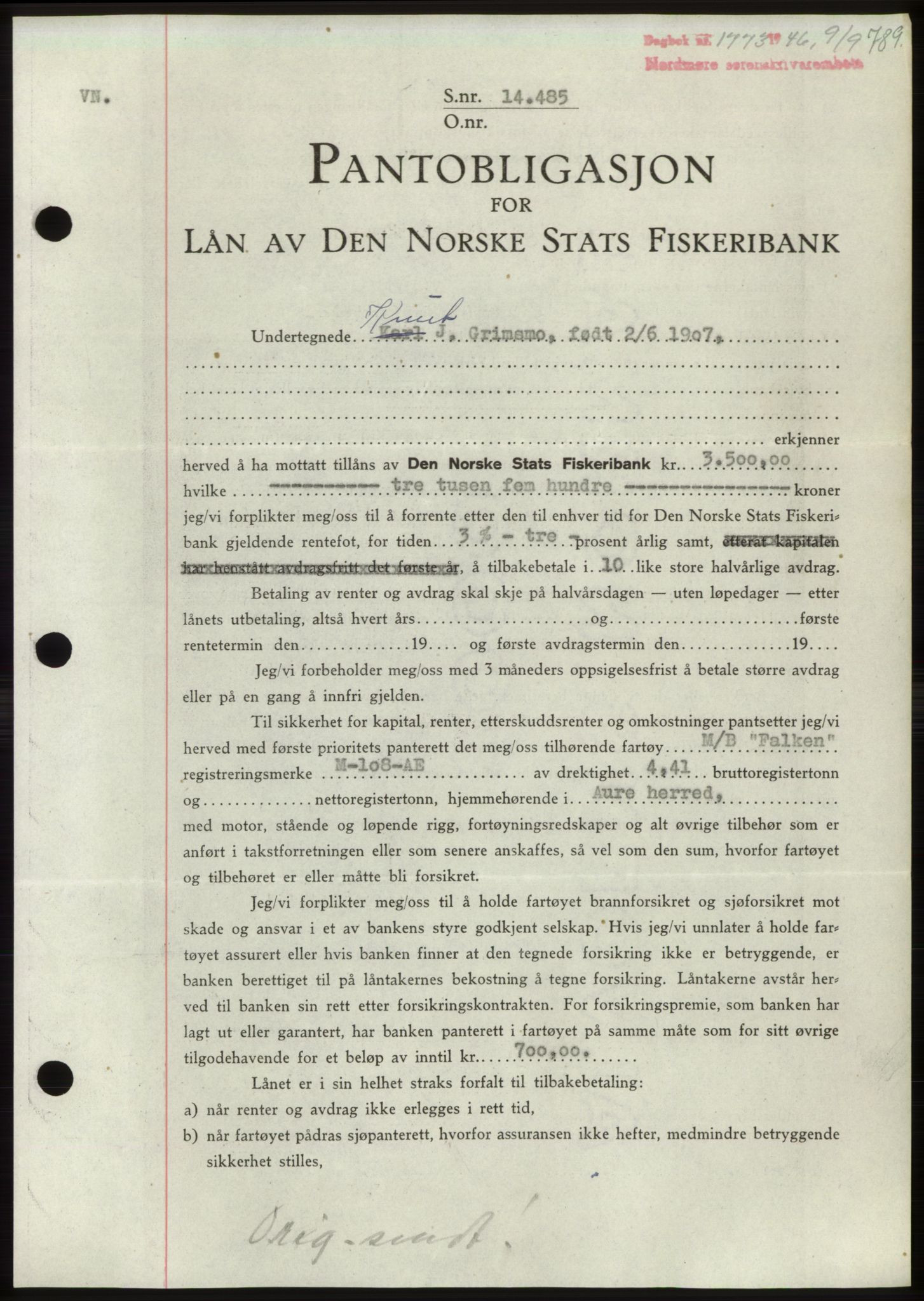 Nordmøre sorenskriveri, AV/SAT-A-4132/1/2/2Ca: Mortgage book no. B94, 1946-1946, Diary no: : 1773/1946