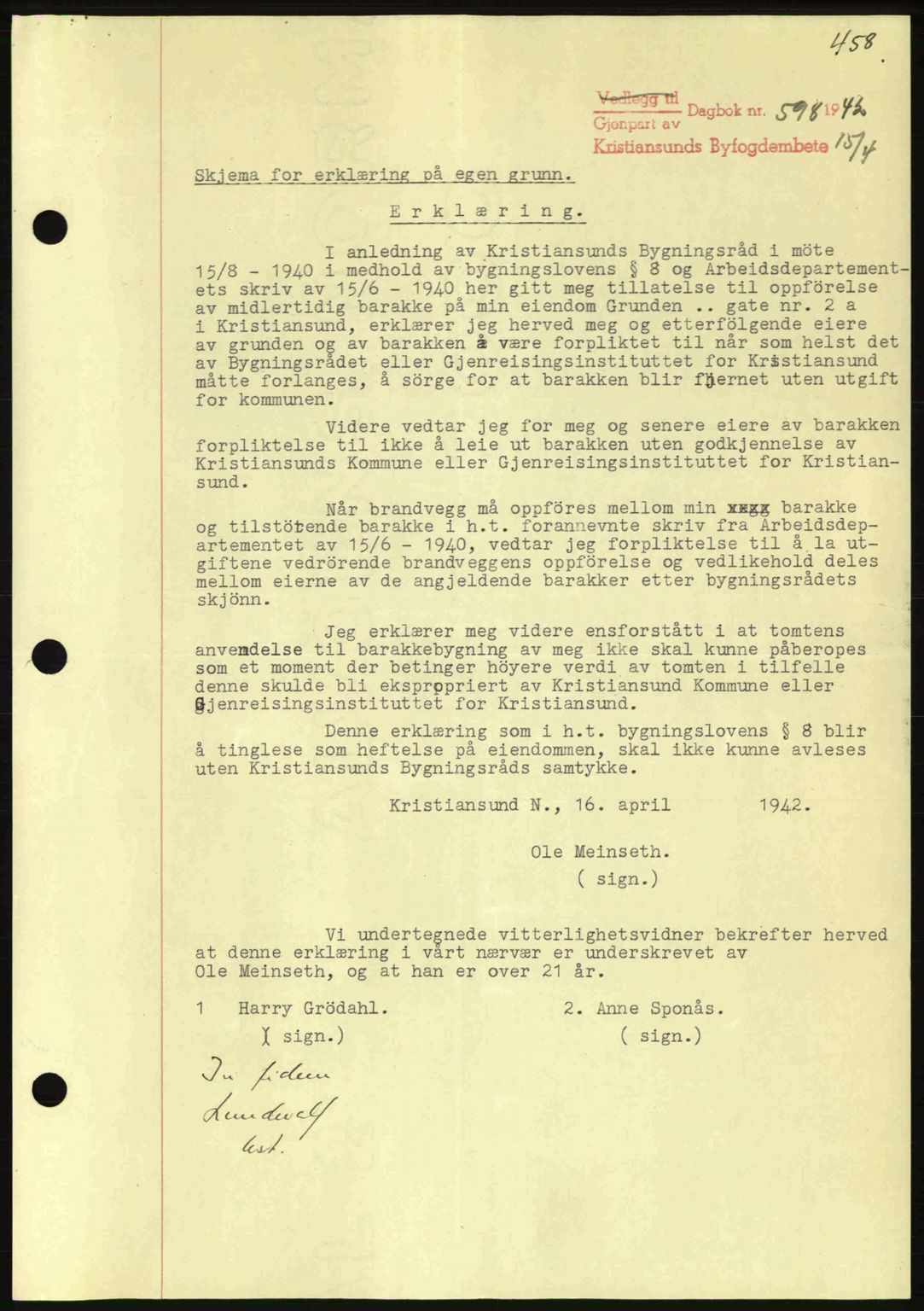 Kristiansund byfogd, AV/SAT-A-4587/A/27: Mortgage book no. 35, 1941-1942, Diary no: : 598/1942