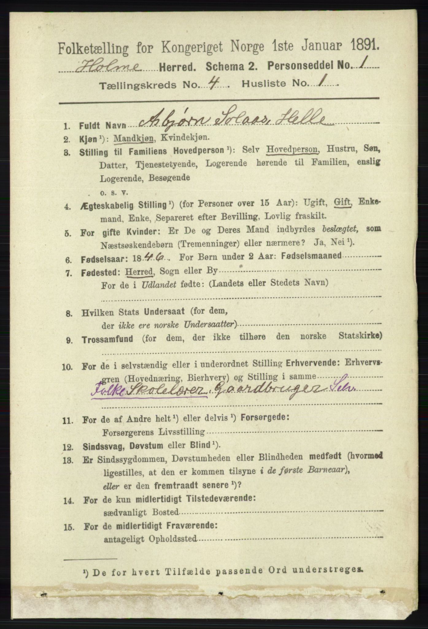 RA, 1891 census for 1020 Holum, 1891, p. 1034