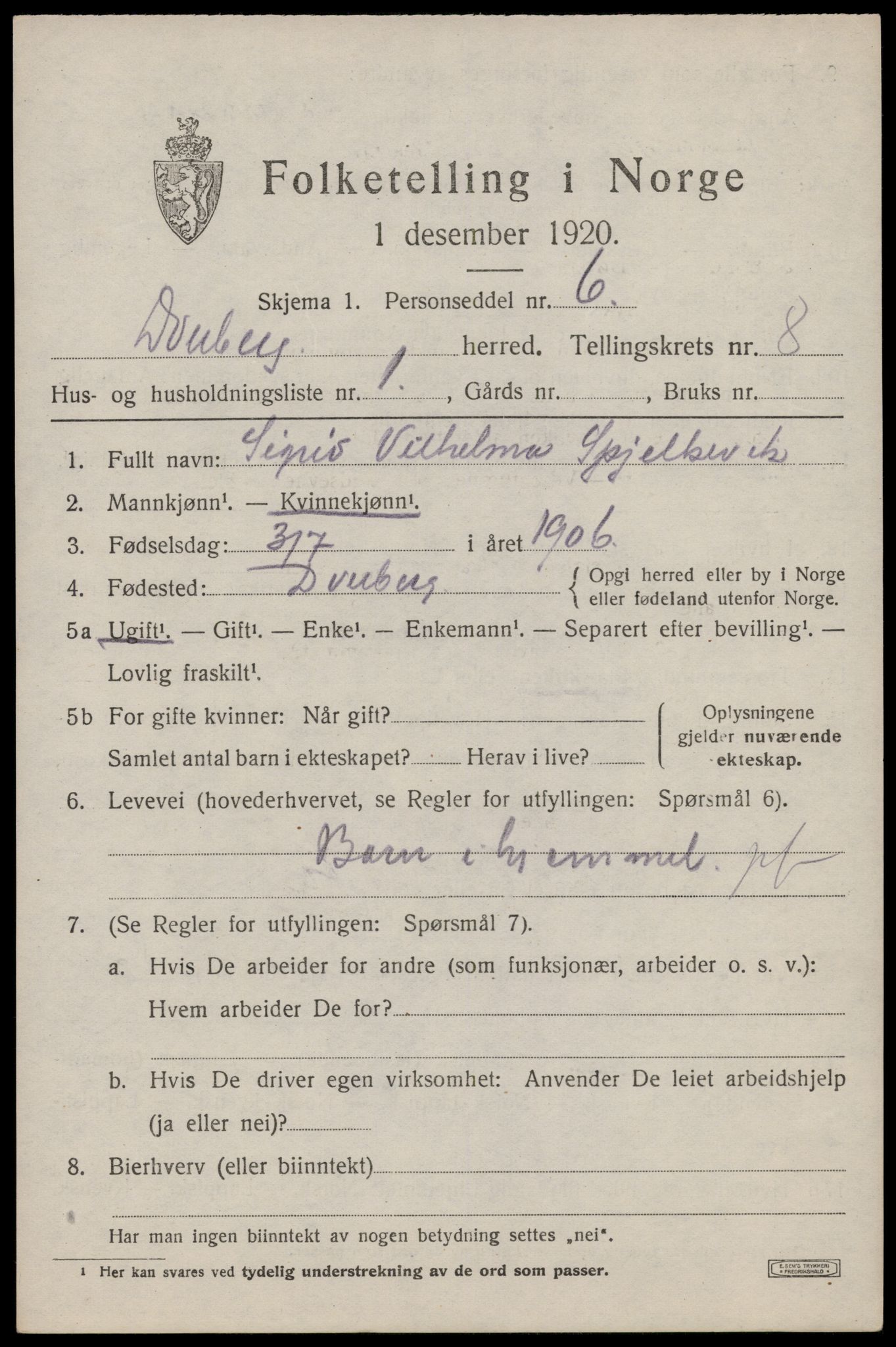 SAT, 1920 census for Dverberg, 1920, p. 7122