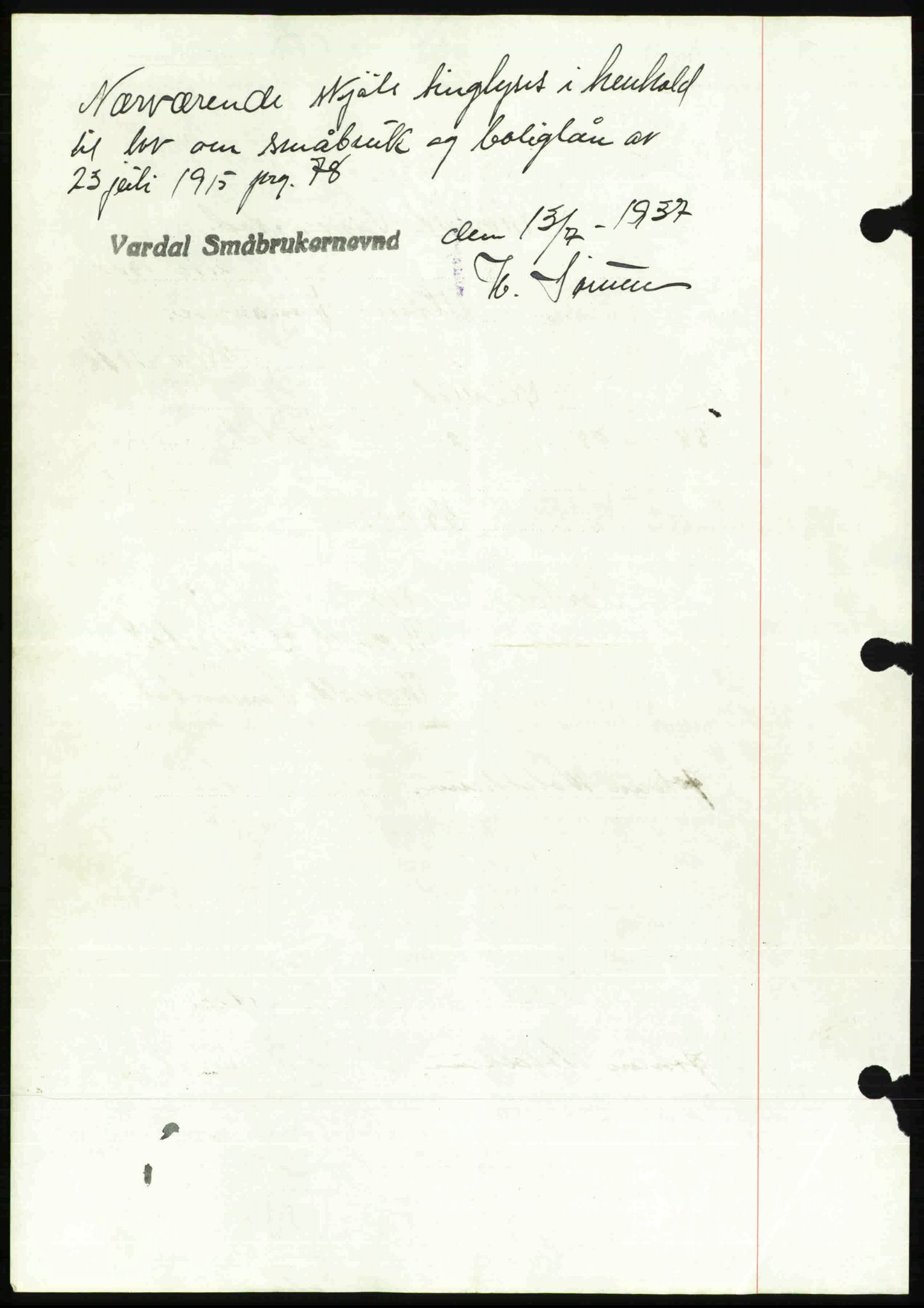 Toten tingrett, SAH/TING-006/H/Hb/Hbc/L0003: Mortgage book no. Hbc-03, 1937-1938, Diary no: : 1724/1937