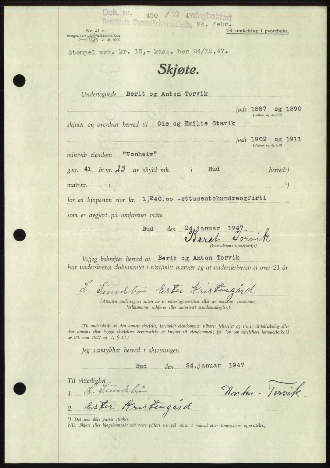 Romsdal sorenskriveri, AV/SAT-A-4149/1/2/2C: Mortgage book no. A22, 1947-1947, Diary no: : 420/1947