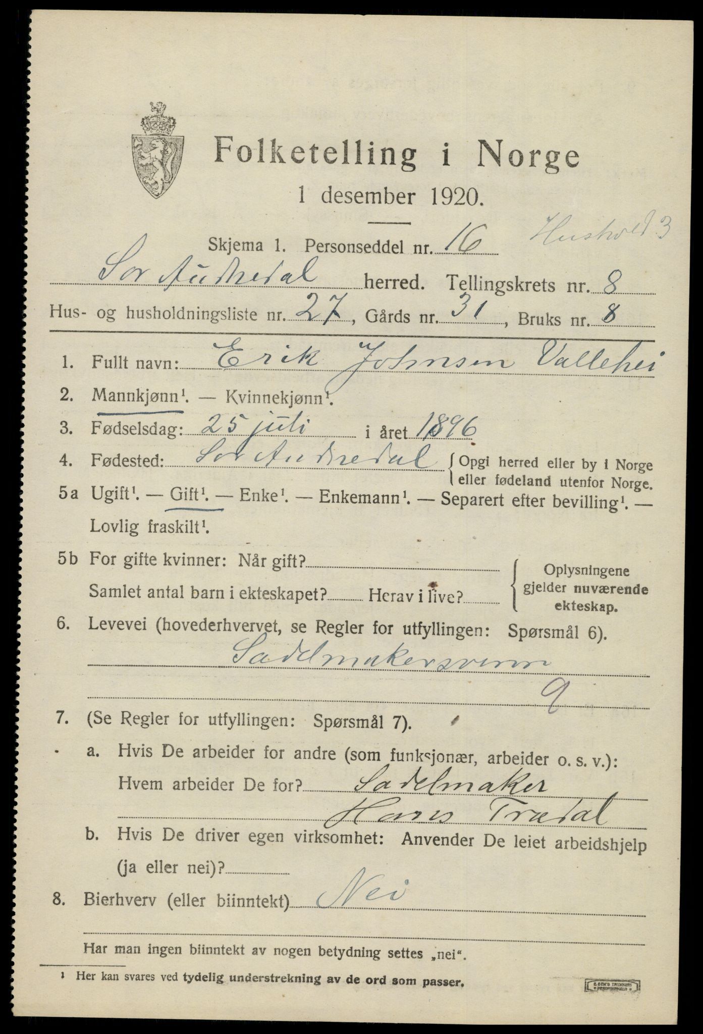 SAK, 1920 census for Sør-Audnedal, 1920, p. 3465