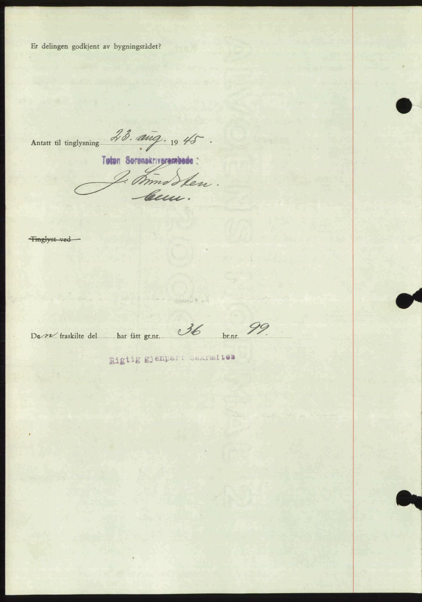 Toten tingrett, AV/SAH-TING-006/H/Hb/Hbc/L0013: Mortgage book no. Hbc-13, 1945-1945, Diary no: : 1175/1945