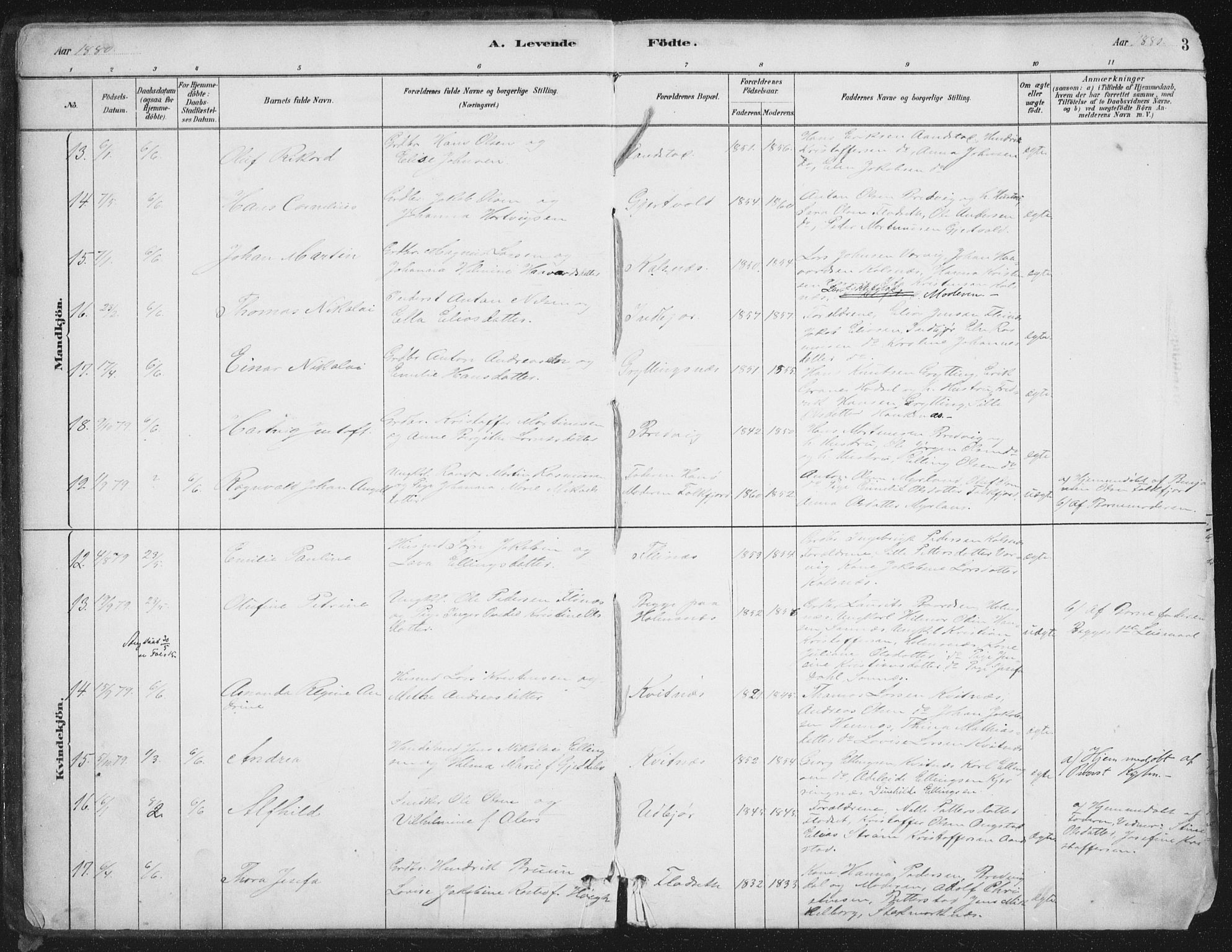 Ministerialprotokoller, klokkerbøker og fødselsregistre - Nordland, AV/SAT-A-1459/888/L1244: Parish register (official) no. 888A10, 1880-1890, p. 3