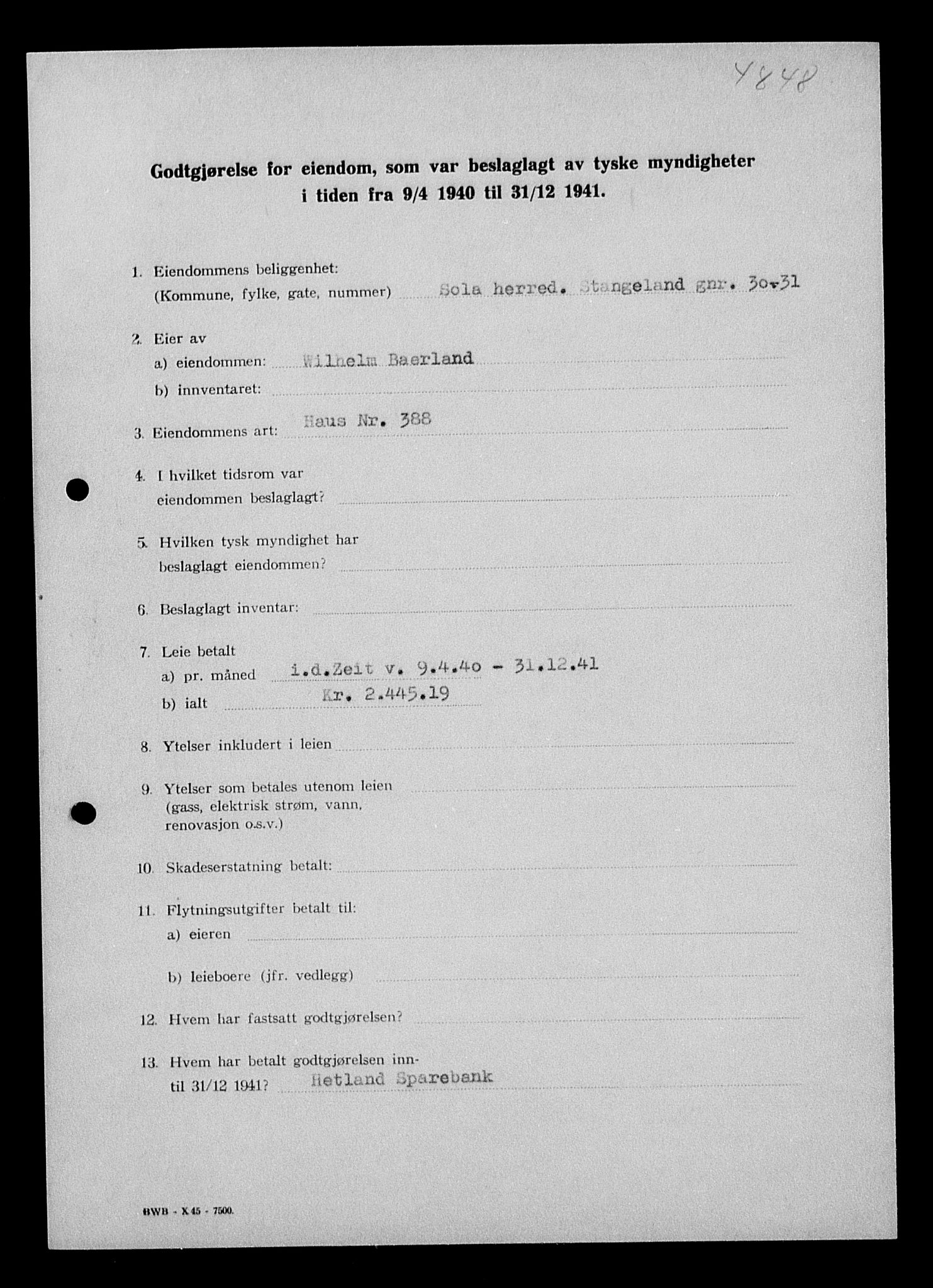 Justisdepartementet, Tilbakeføringskontoret for inndratte formuer, AV/RA-S-1564/I/L1014: Godtgjørelse for beslaglagt eiendom, 1940-1941, p. 221