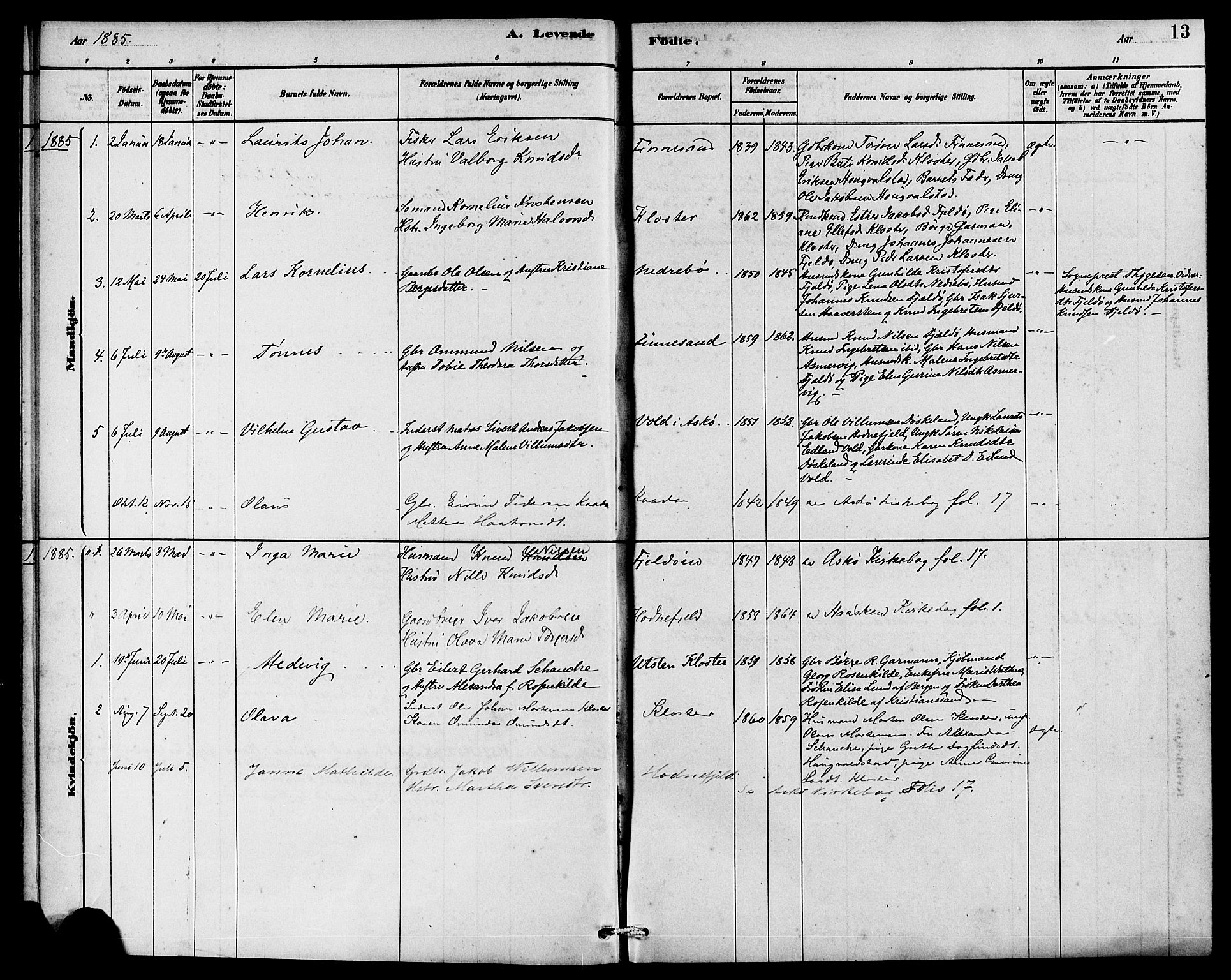 Rennesøy sokneprestkontor, SAST/A -101827/H/Ha/Haa/L0010: Parish register (official) no. A 10, 1878-1890, p. 13