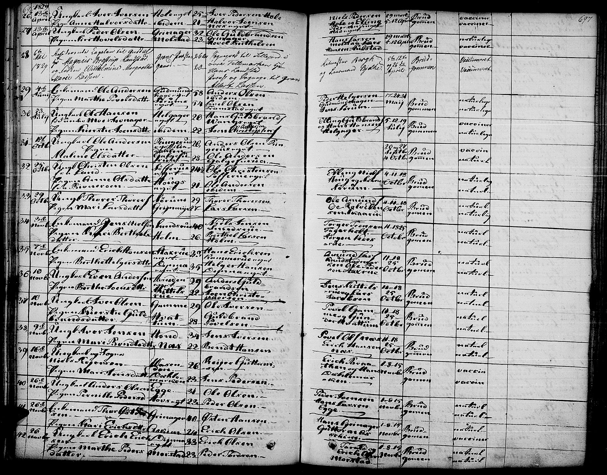 Gran prestekontor, SAH/PREST-112/H/Ha/Haa/L0010: Parish register (official) no. 10, 1824-1842, p. 696-697