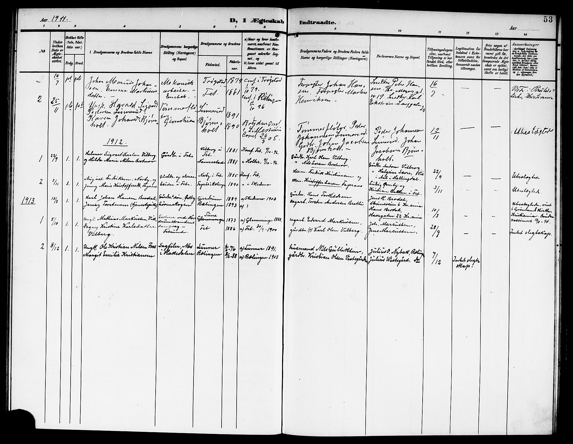 Fet prestekontor Kirkebøker, AV/SAO-A-10370a/G/Gb/L0005: Parish register (copy) no. II 5, 1904-1913, p. 53