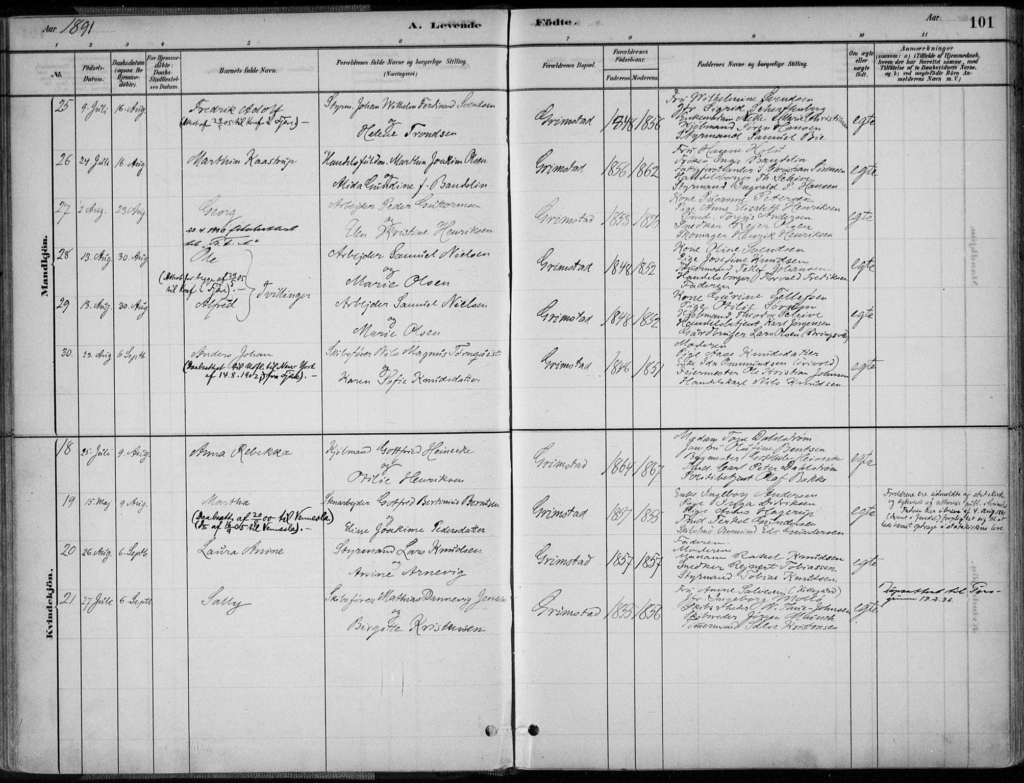 Grimstad sokneprestkontor, AV/SAK-1111-0017/F/Fa/L0003: Parish register (official) no. A 2, 1882-1912, p. 101