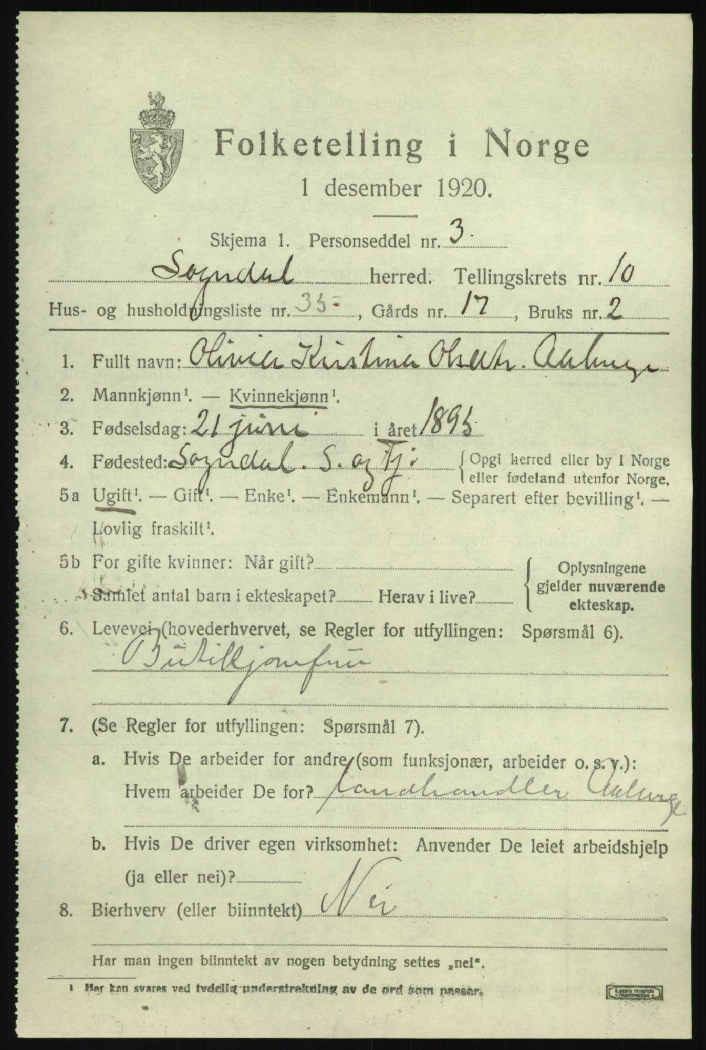 SAB, 1920 census for Sogndal, 1920, p. 4891